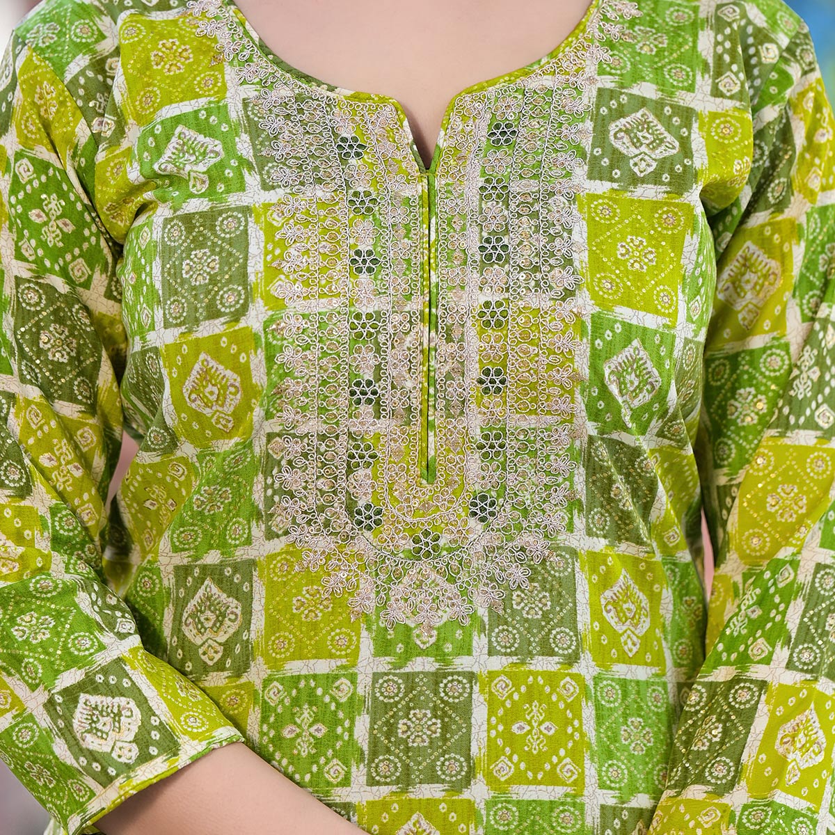 Yellow & Green Bandhani Foil Printed Rayon Straight Kurti