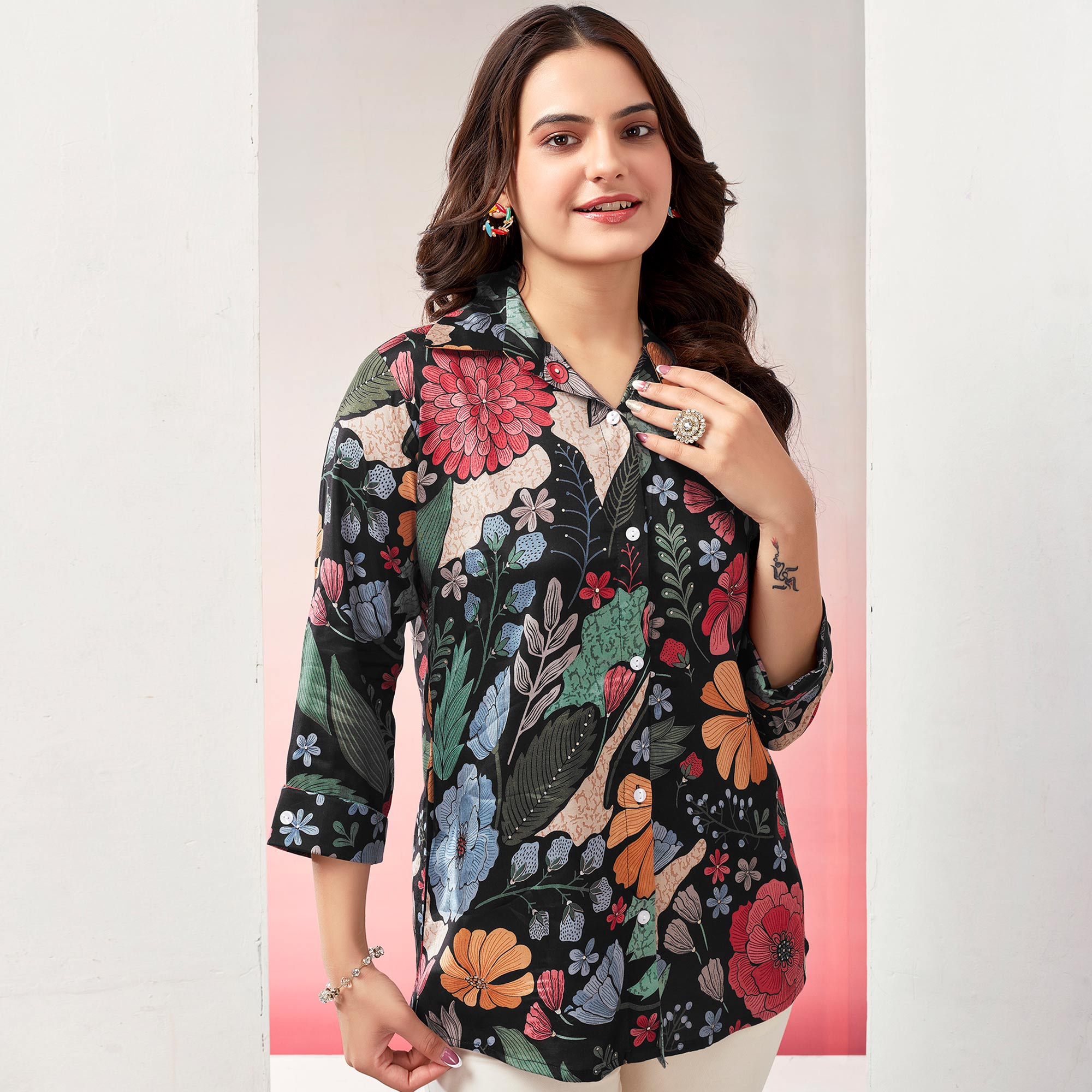 Black Floral Printed Muslin Top