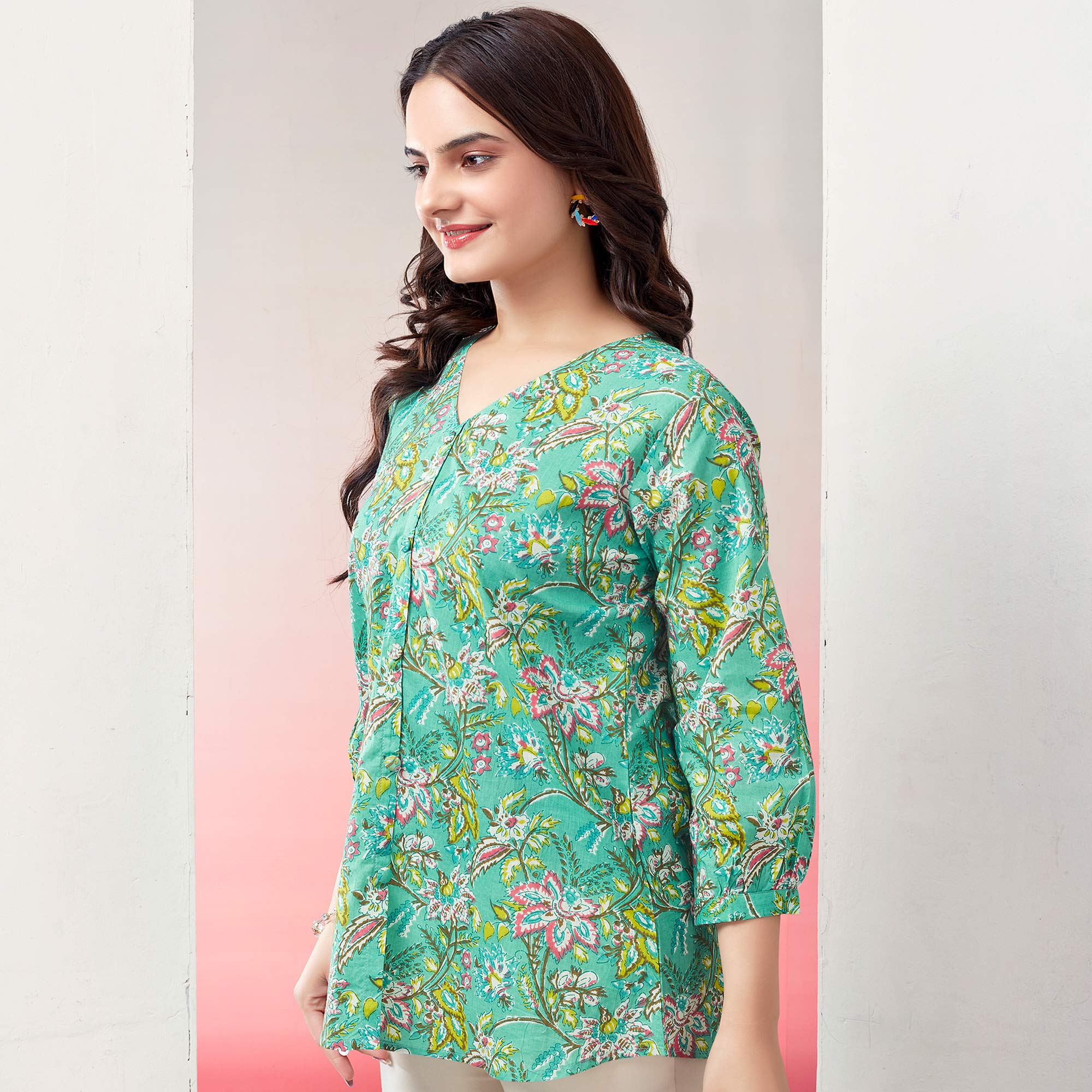 Turquoise Floral Printed Pure Cotton Top