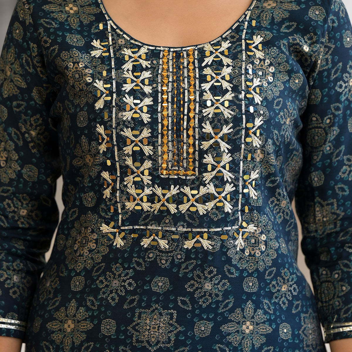 Navy Blue Bandhani Printed Chanderi Silk Straight Salwar Suit