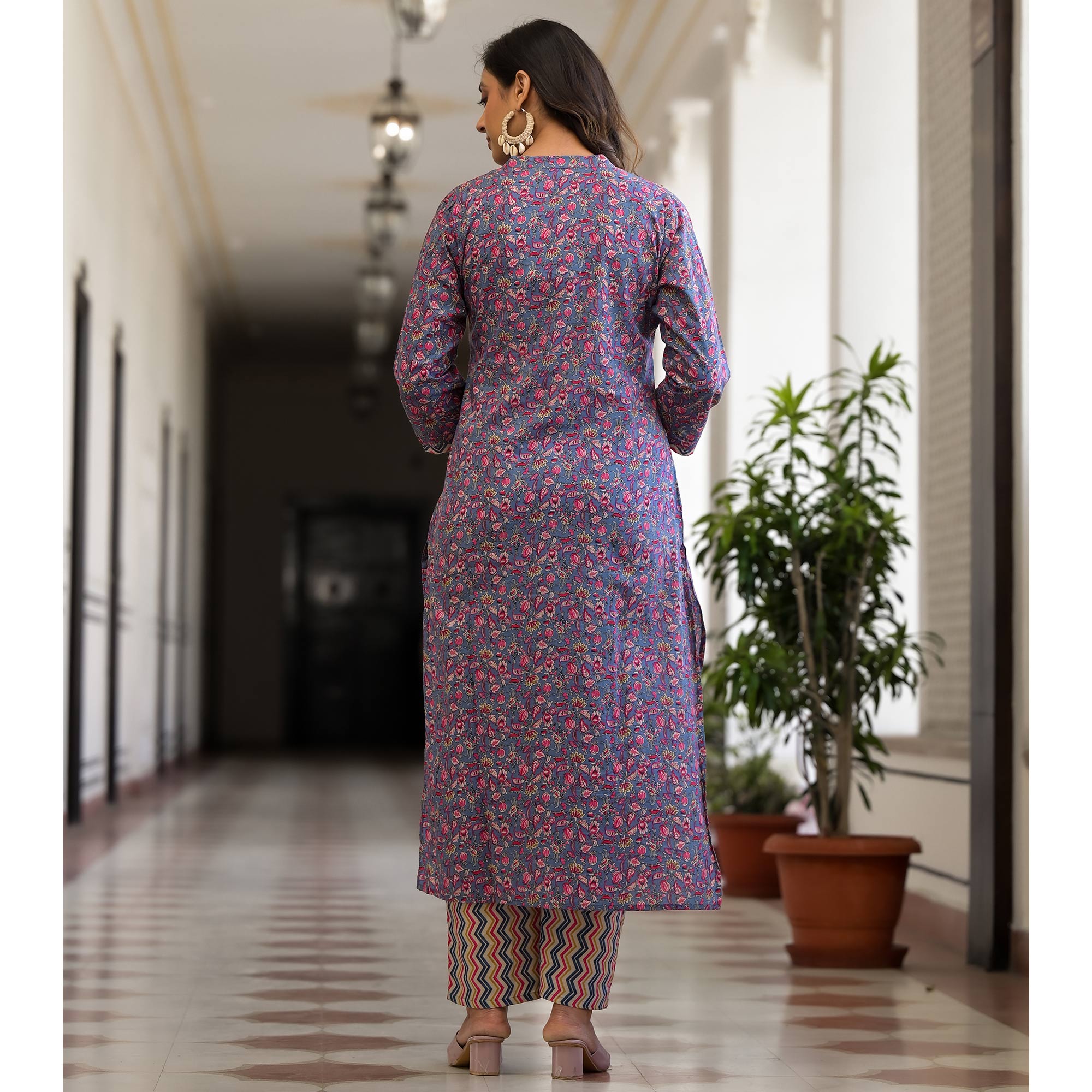 Blue Floral Printed Pure Cotton Straight Kurti