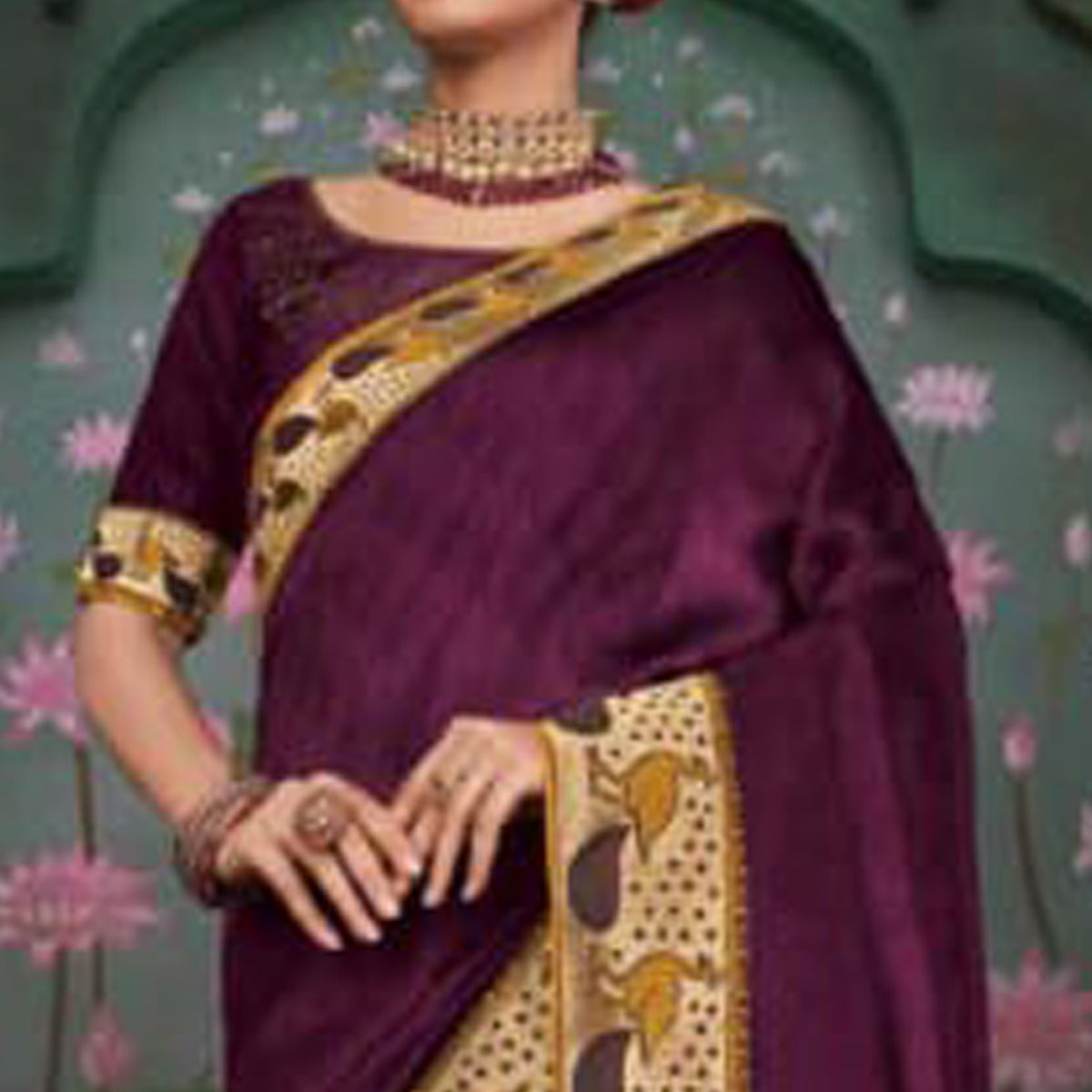 Wine Solid With Embroidered Border Modal Saree