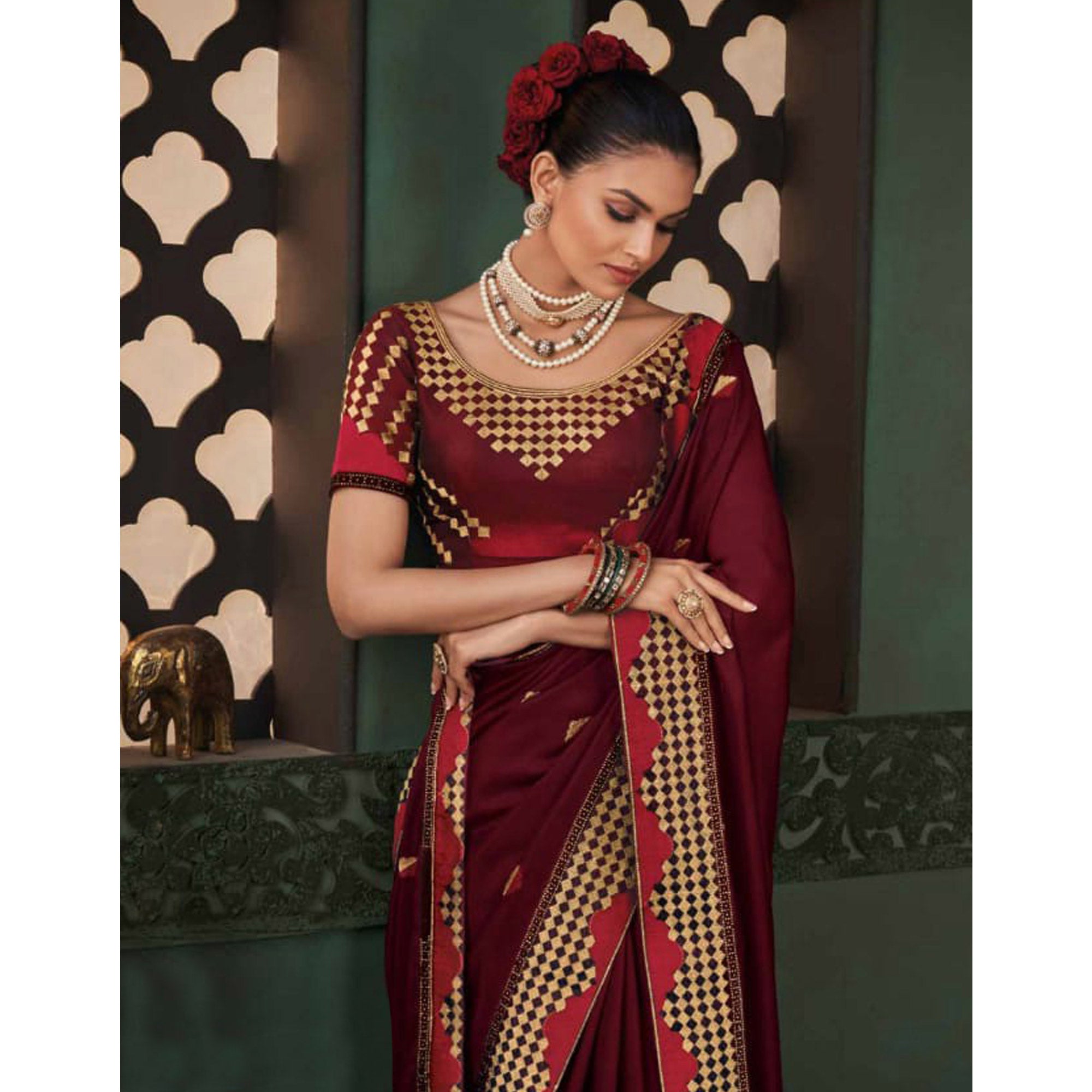 Maroon Embroidered Satin Saree