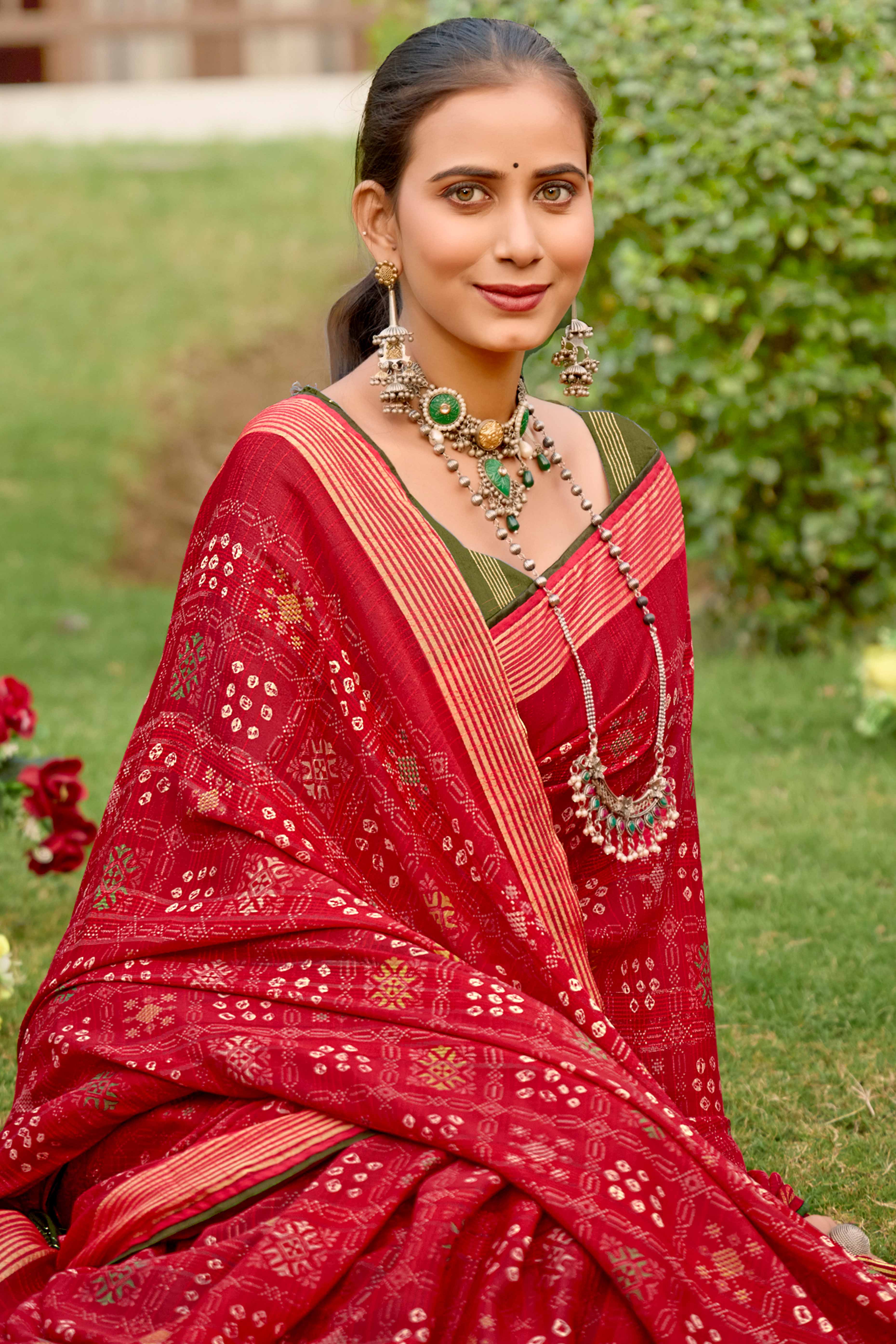 Elegant Red Bandhani Printed Saree in Lightweight Shimmer Chiffon Fabric