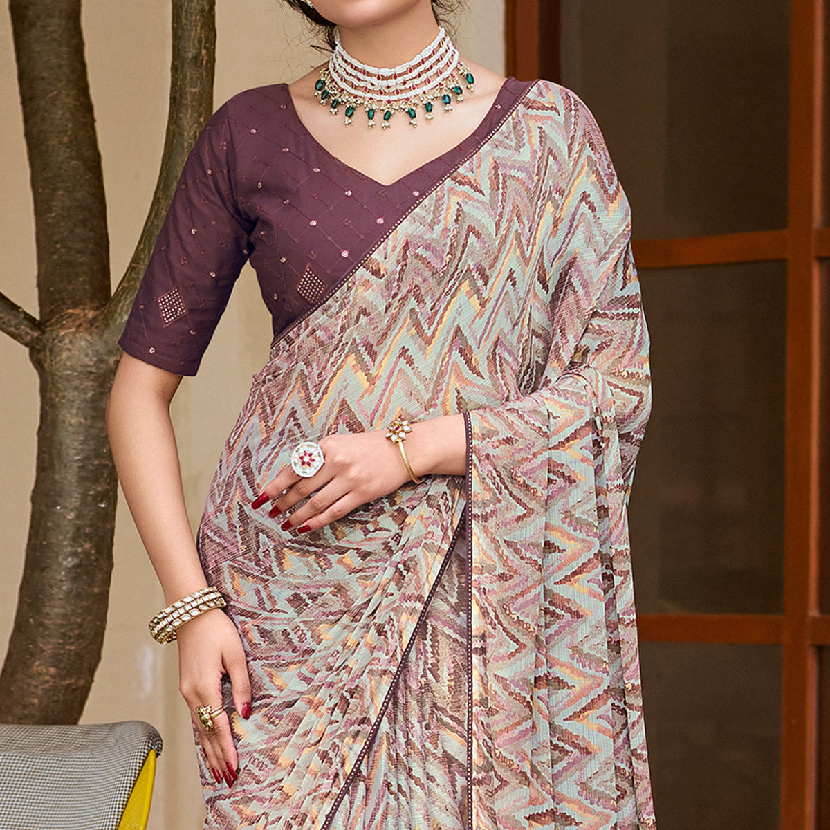 Grey Printed Chiffon Saree With Tassels