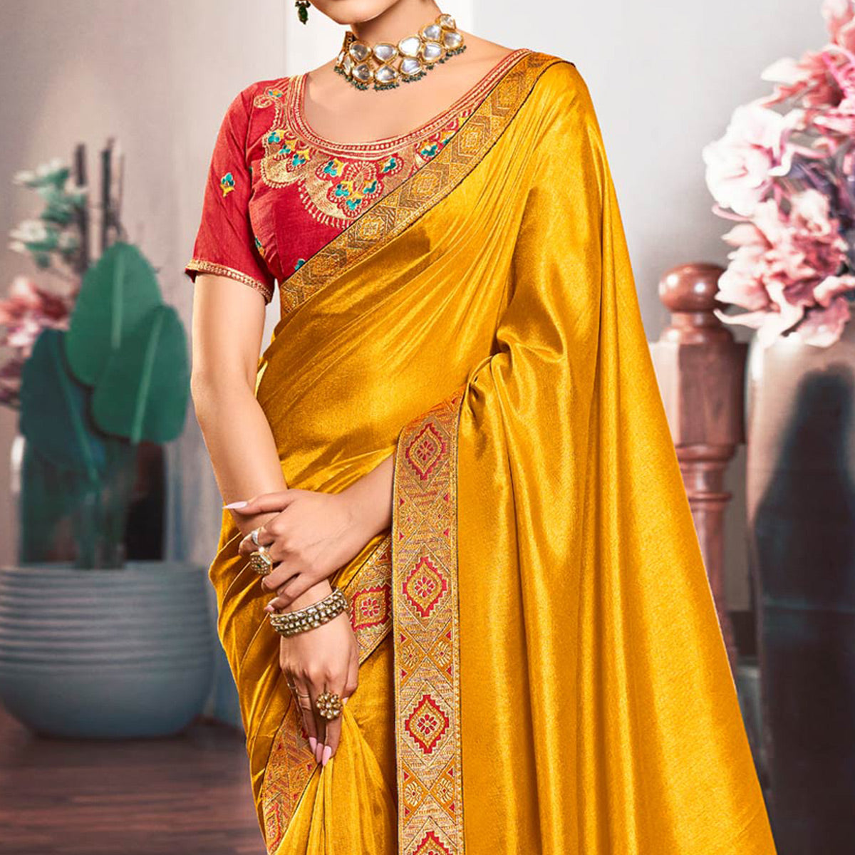 Yellow Solid Vichitra Silk With Zari Lace Border