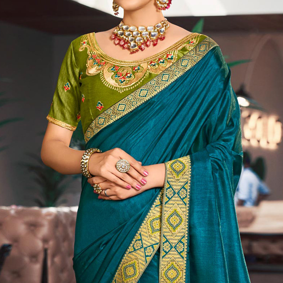 Teal Solid Vichitra Silk With Zari Lace Border