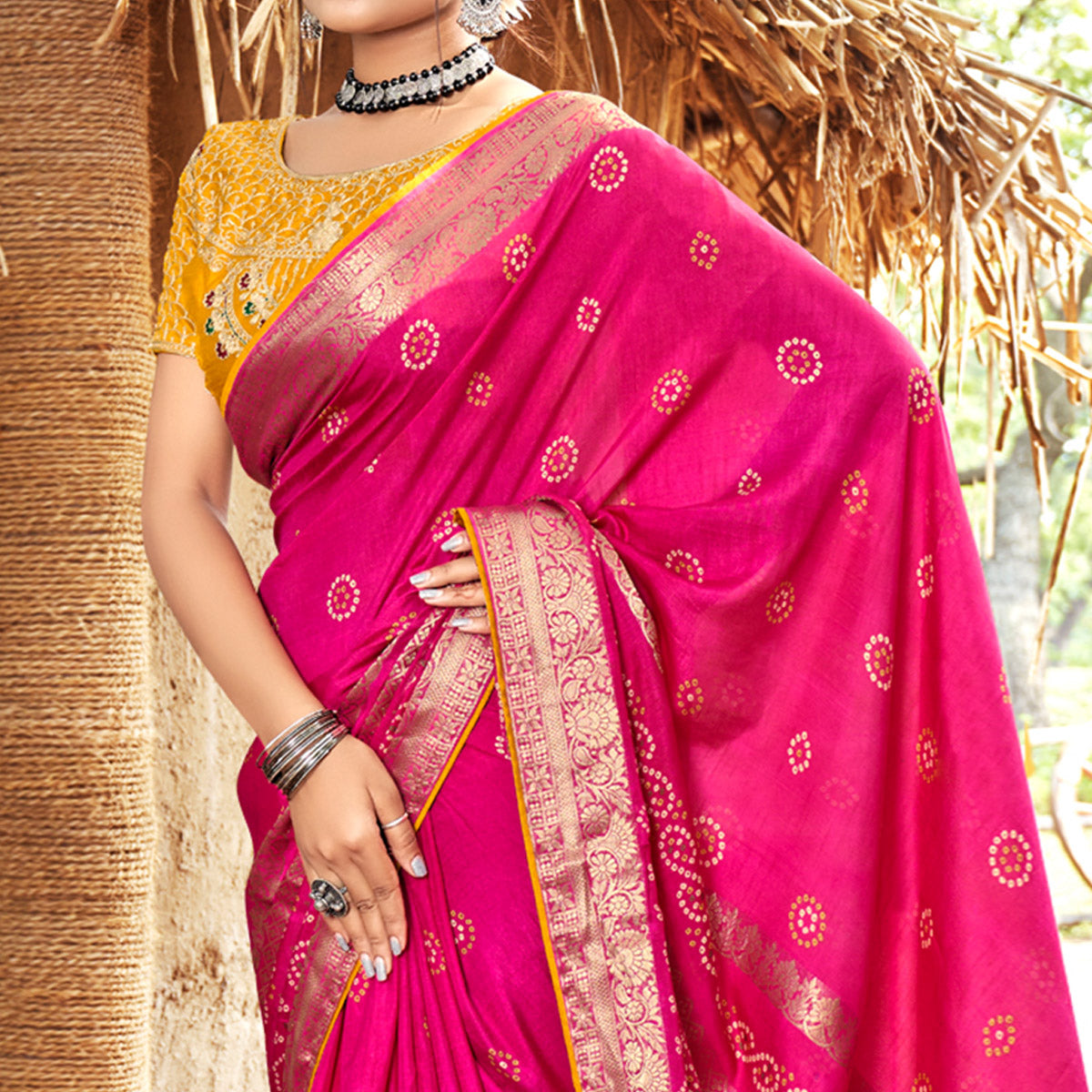 Pink Bandhani Printed Pure Silk Saree