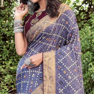 Purple Bandhani Printed Dola Silk Saree