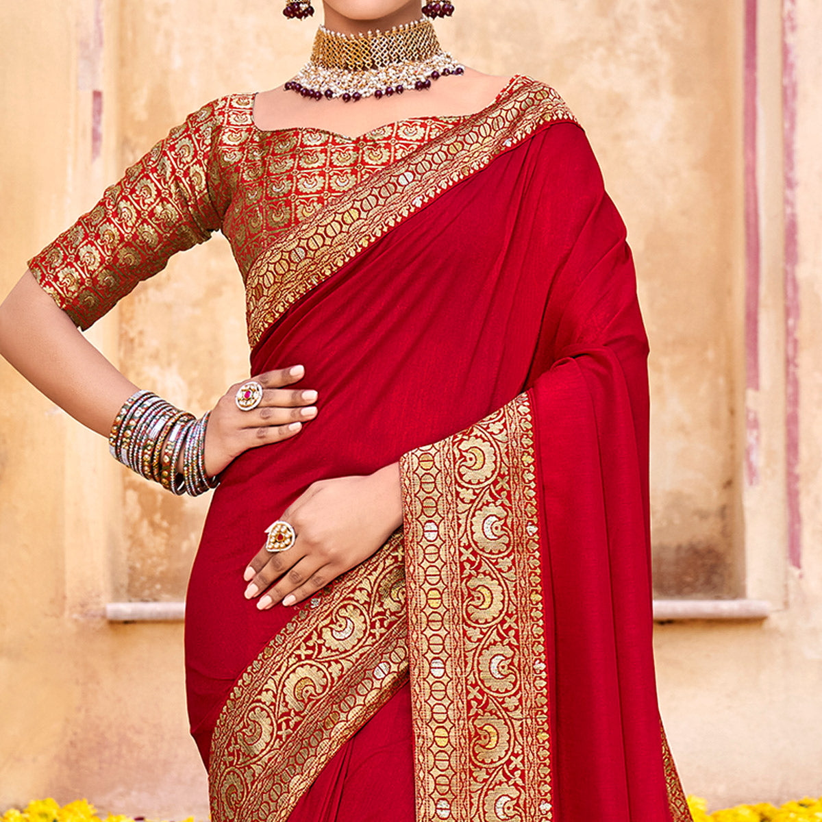Red Solid With Jacquard Border Vichitra Silk Saree