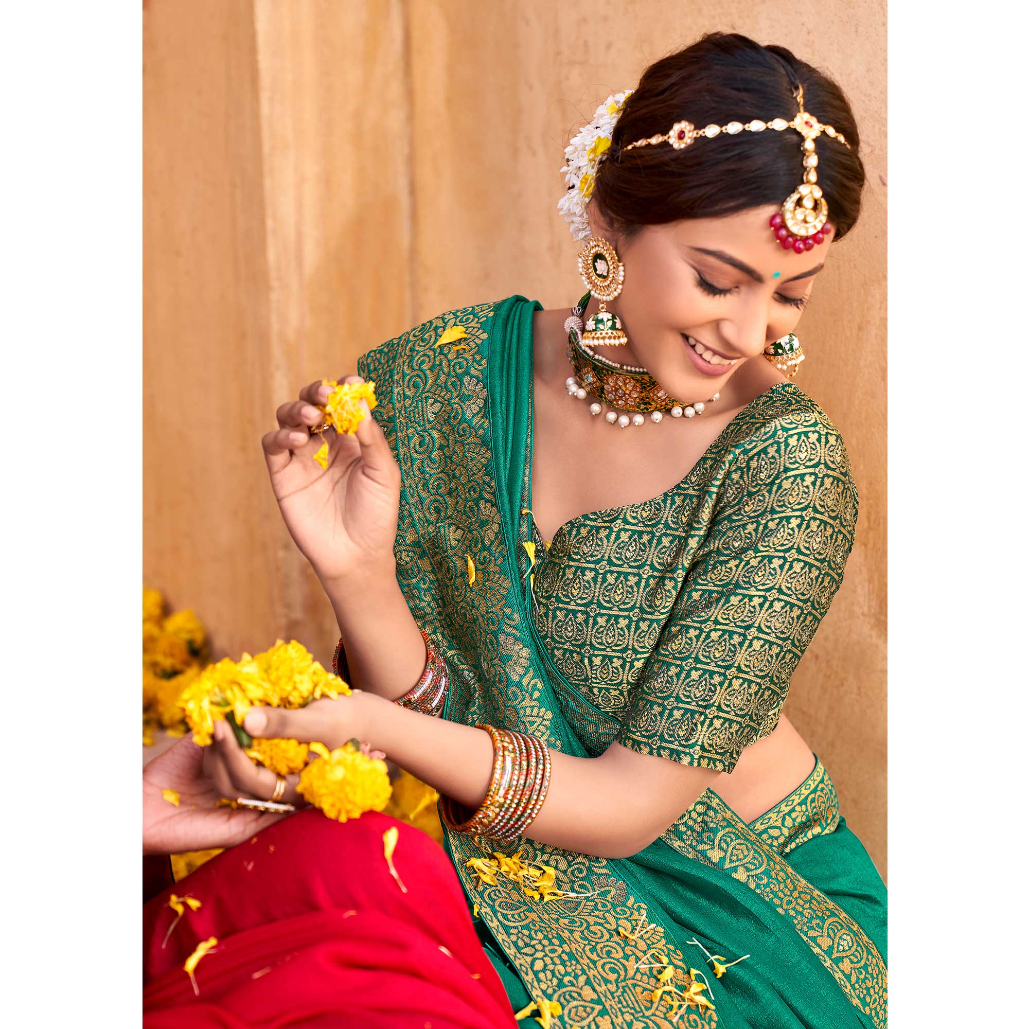 Rama Green Solid With Jacquard Border Vichitra Silk Saree