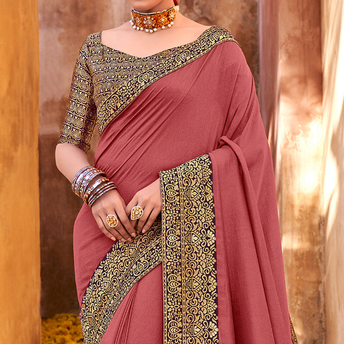 Mauve Solid With Jacquard Border Vichitra Silk Saree