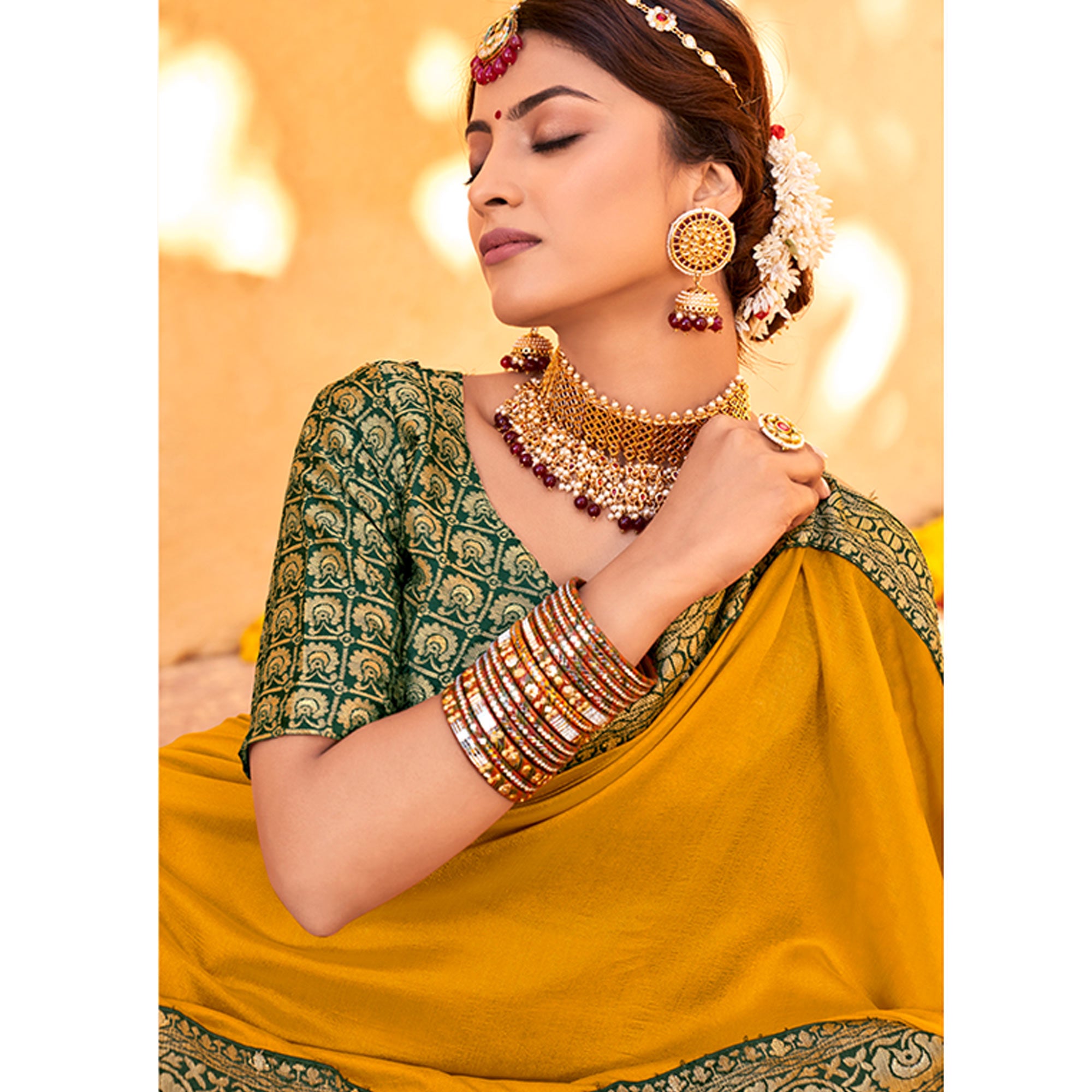 Mustard Solid With Jacquard Border Vichitra Silk Saree