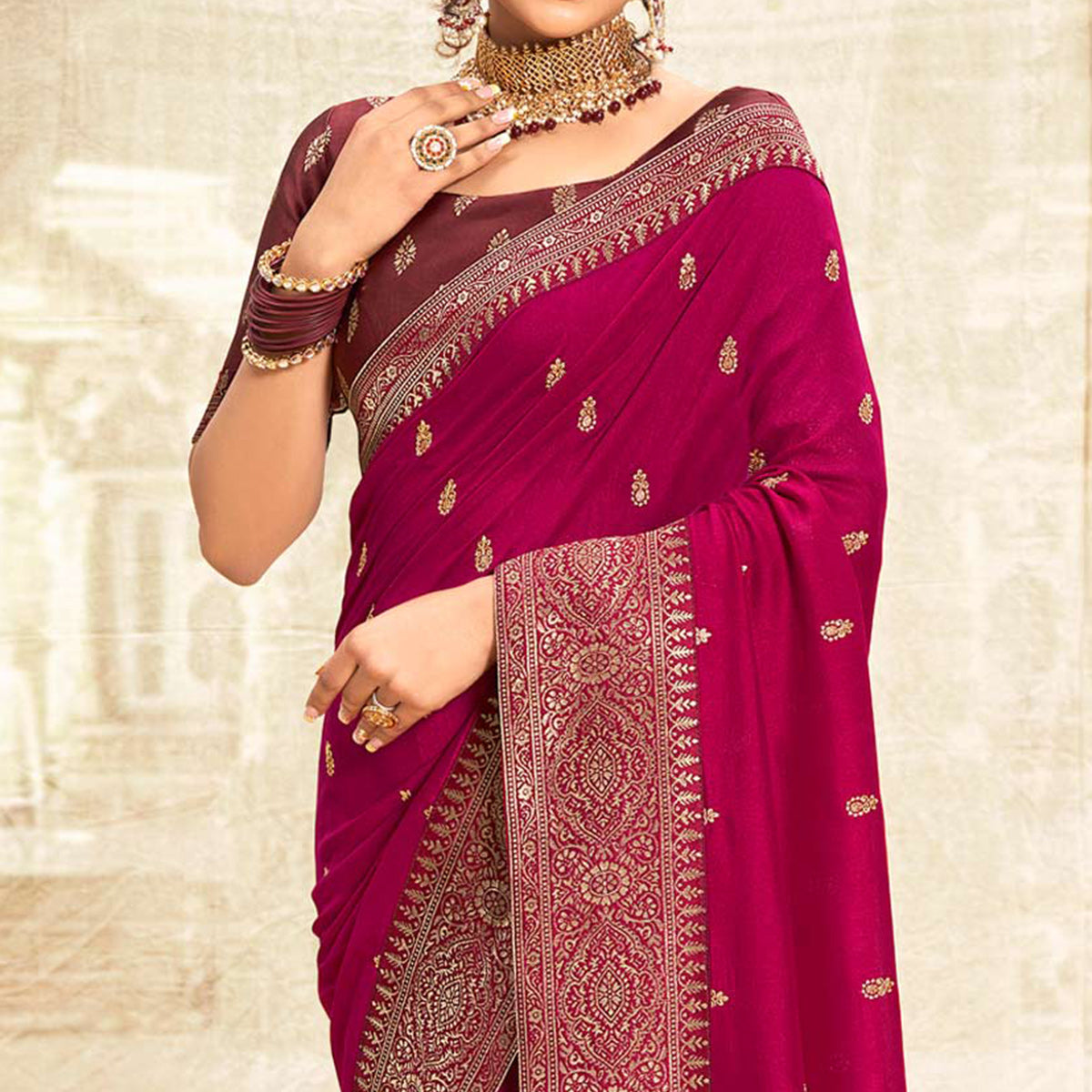 Pink Floral Zari Weaving Vichitra Silk Saree