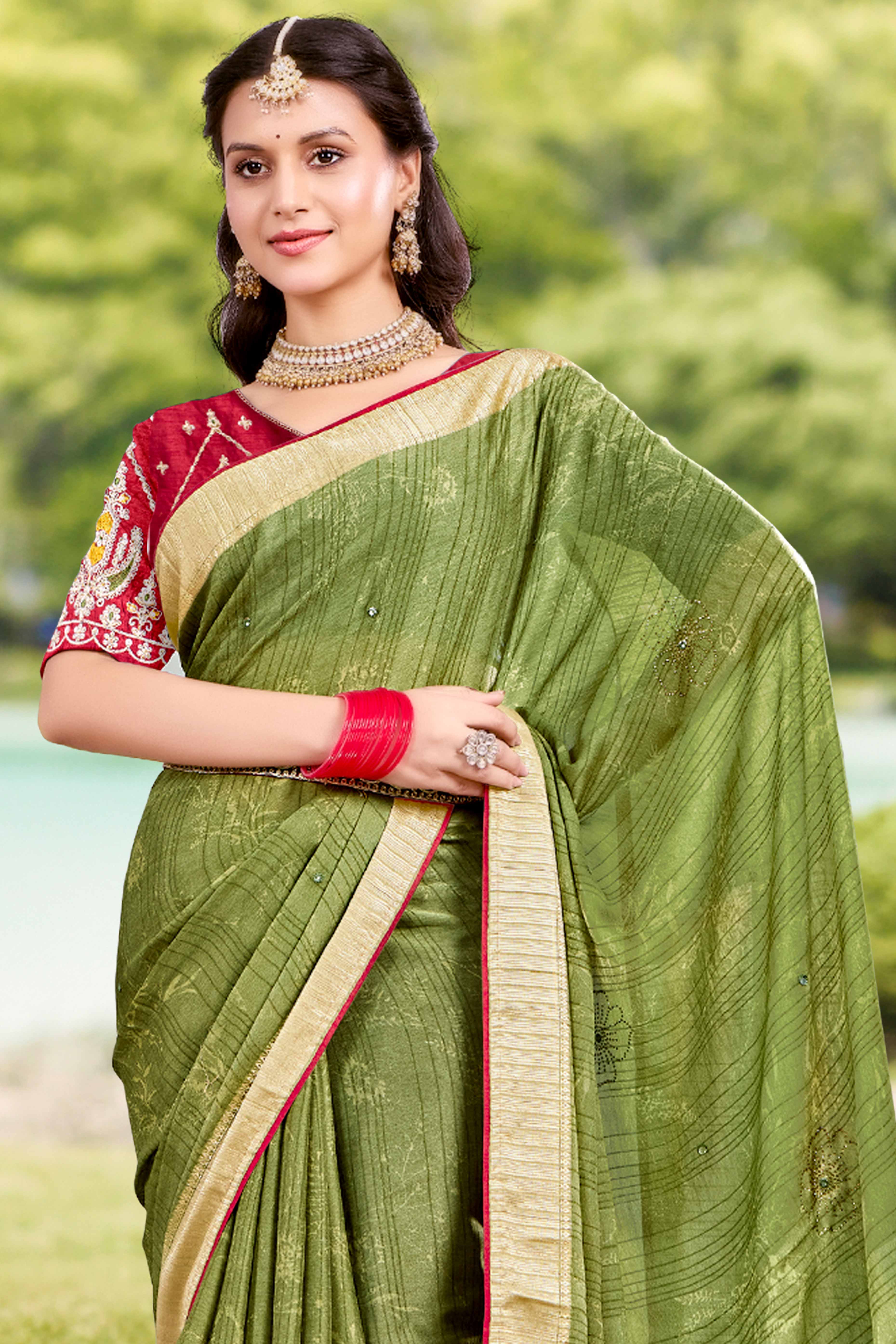 Green Crepe Saree with Exquisite Stone Work and Viscose Border Finish