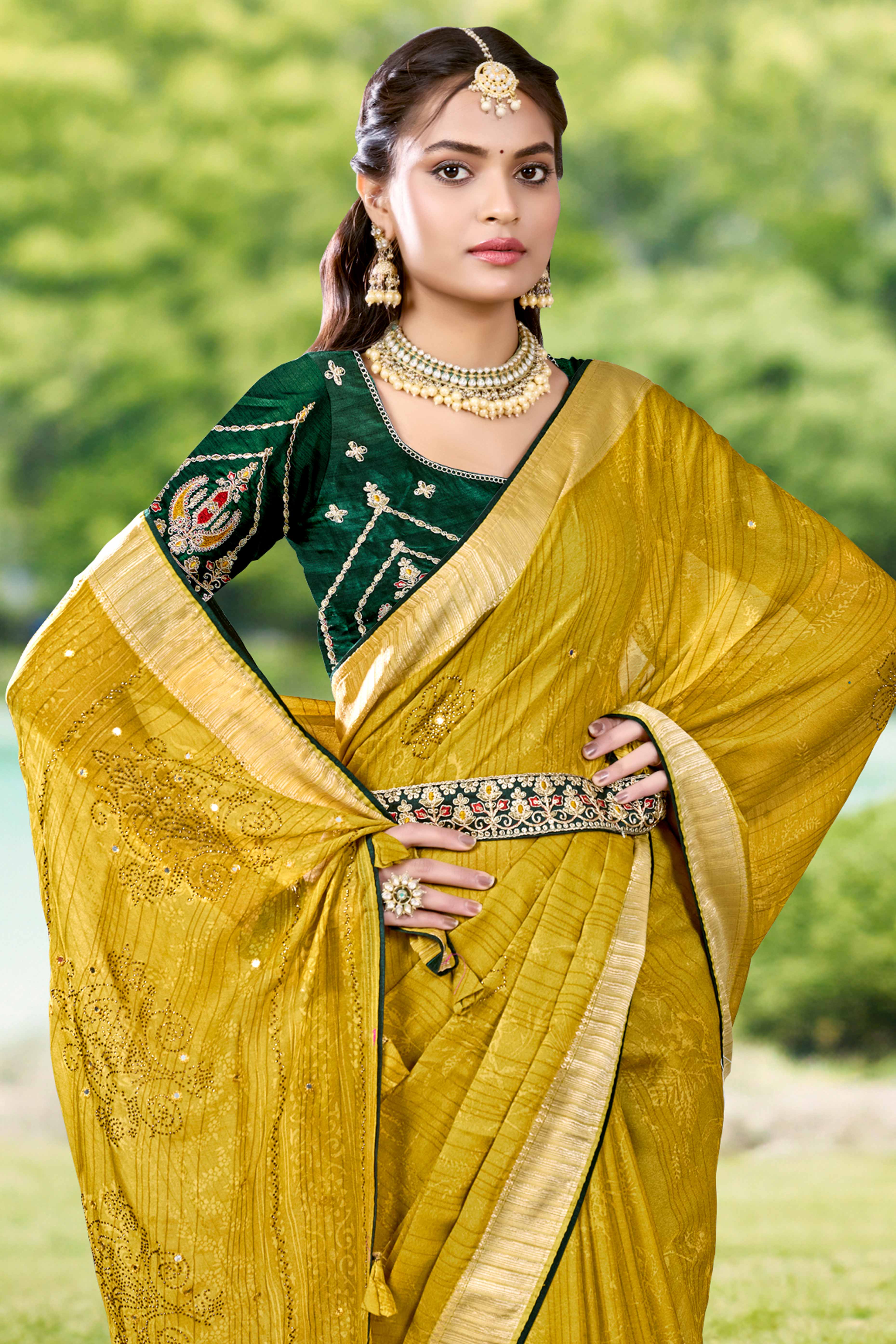 Olive Crepe Saree with Exquisite Stone Work and Viscose Border Finish
