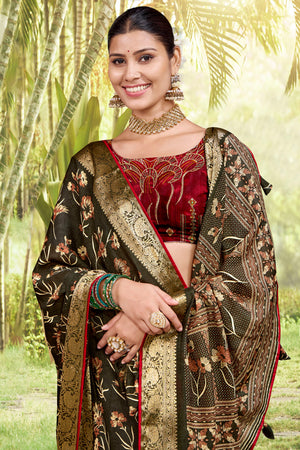 Mehendi Green Floral Printed Saree in Jacquard Weave with Zari Detailing
