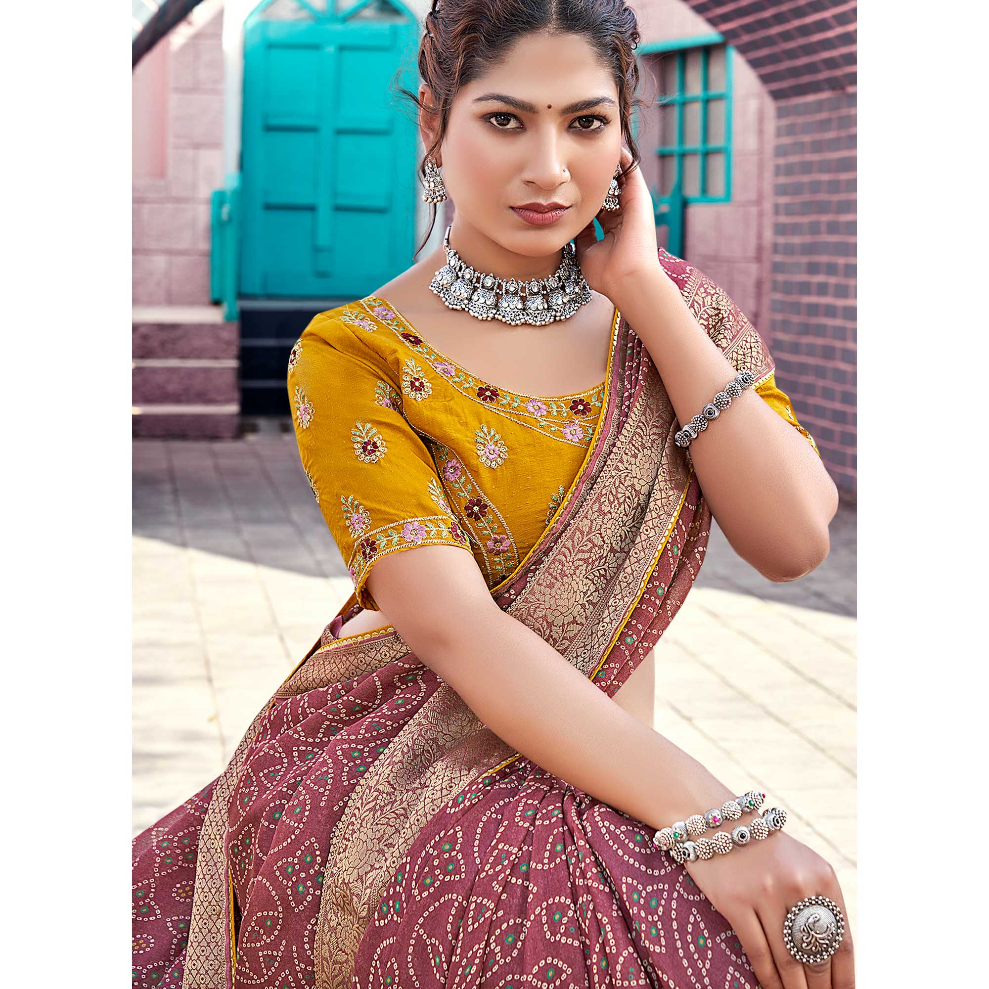 Mauve Bandhani Printed Georgette Saree