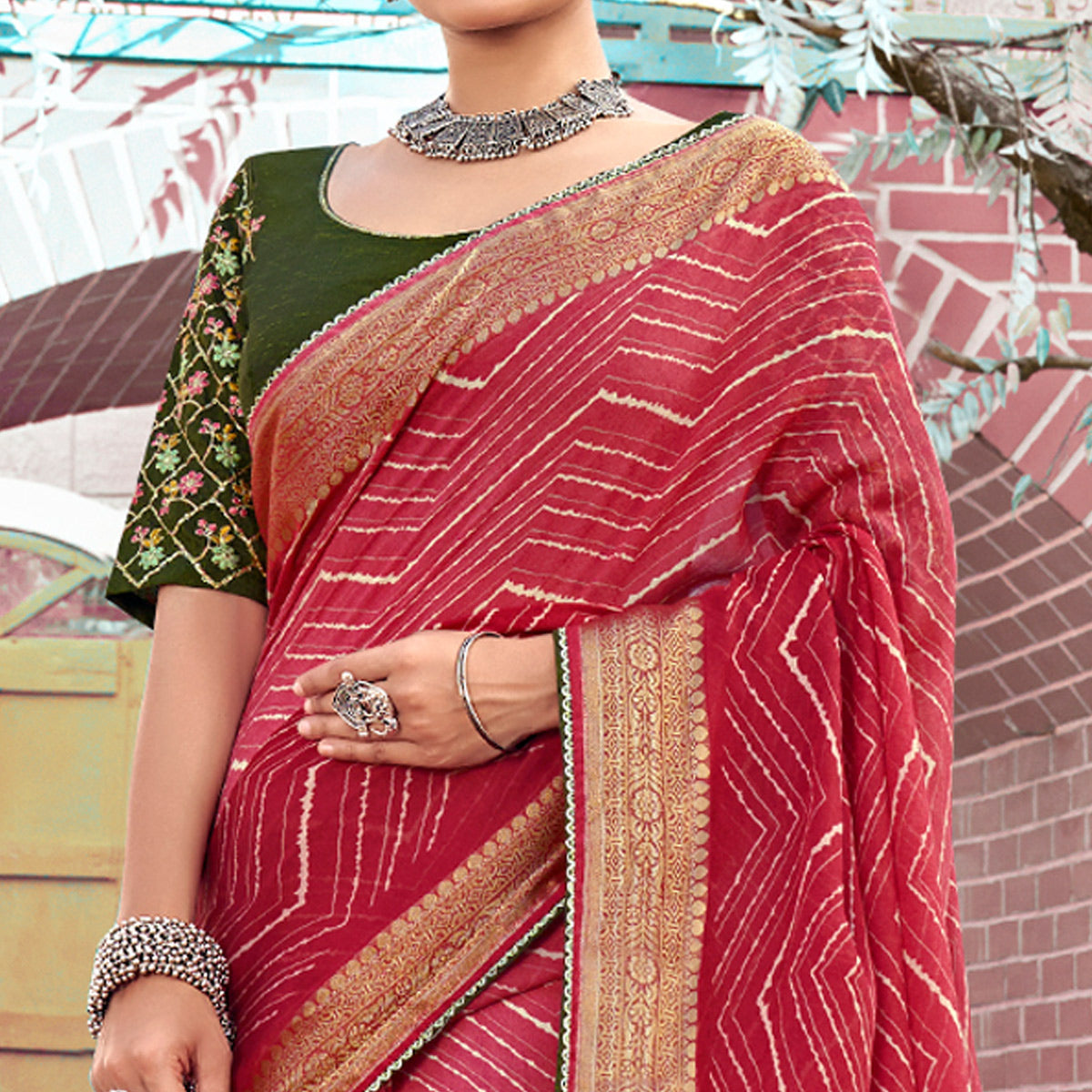 Pink Leheriya Printed Georgette Saree With Jacquard Border