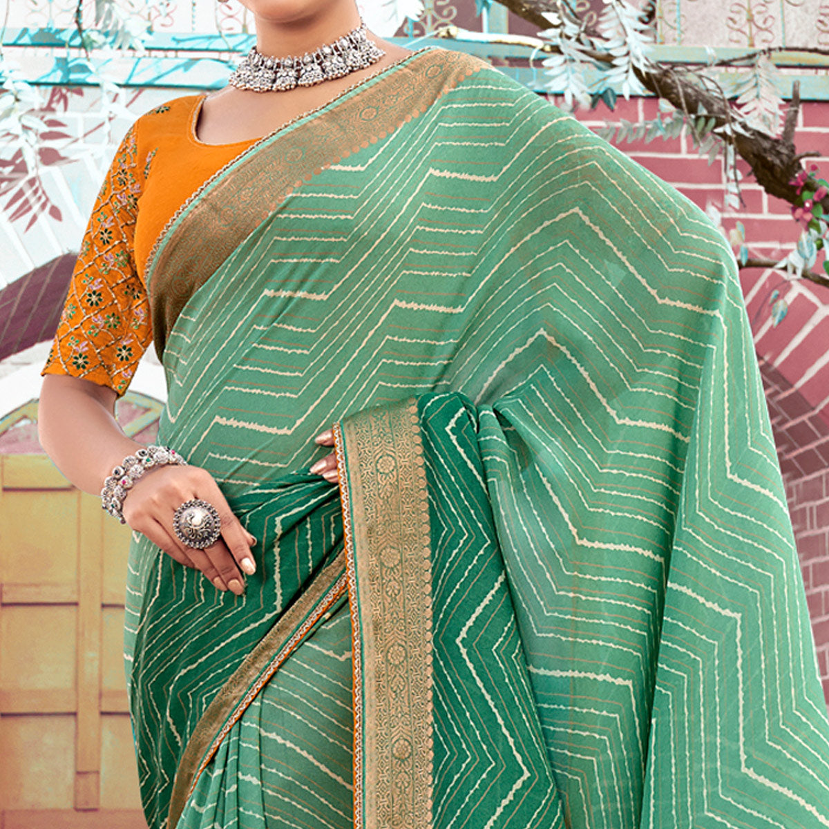 Green Leheriya Printed Georgette Saree With Jacquard Border