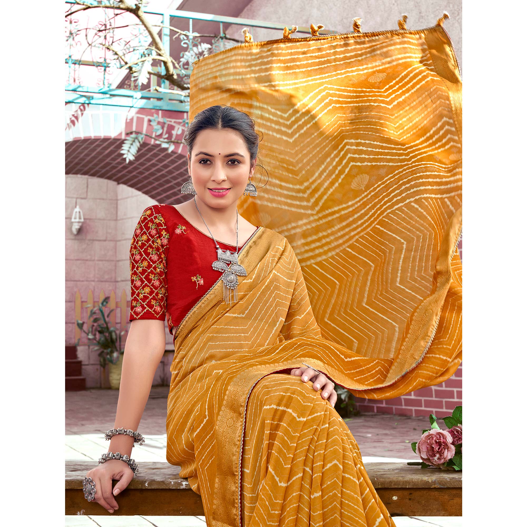 Mustard Leheriya Printed Georgette Saree With Jacquard Border