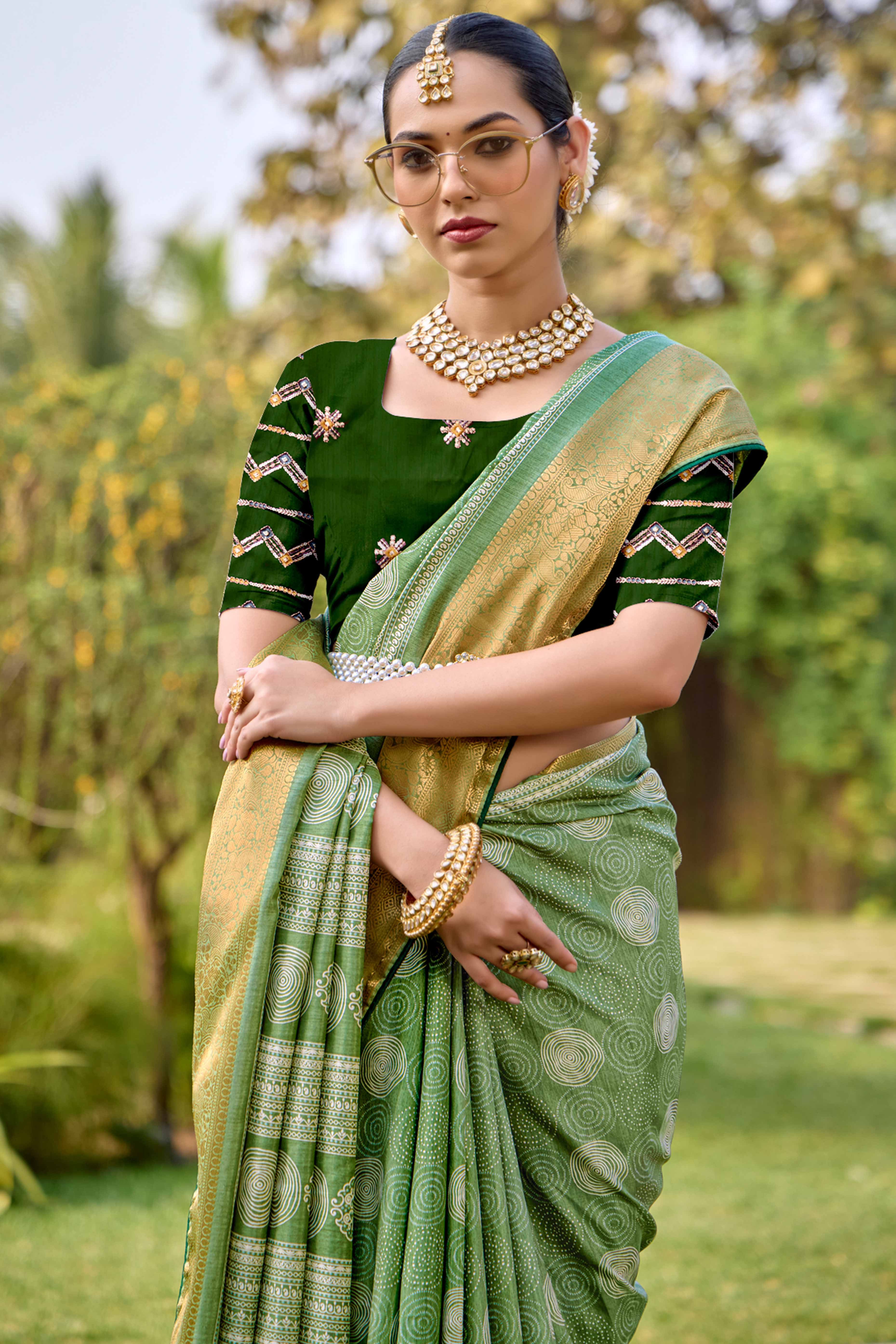 Green Printed Dola Silk Saree With Ornate Zari Border & Tassel Pallu
