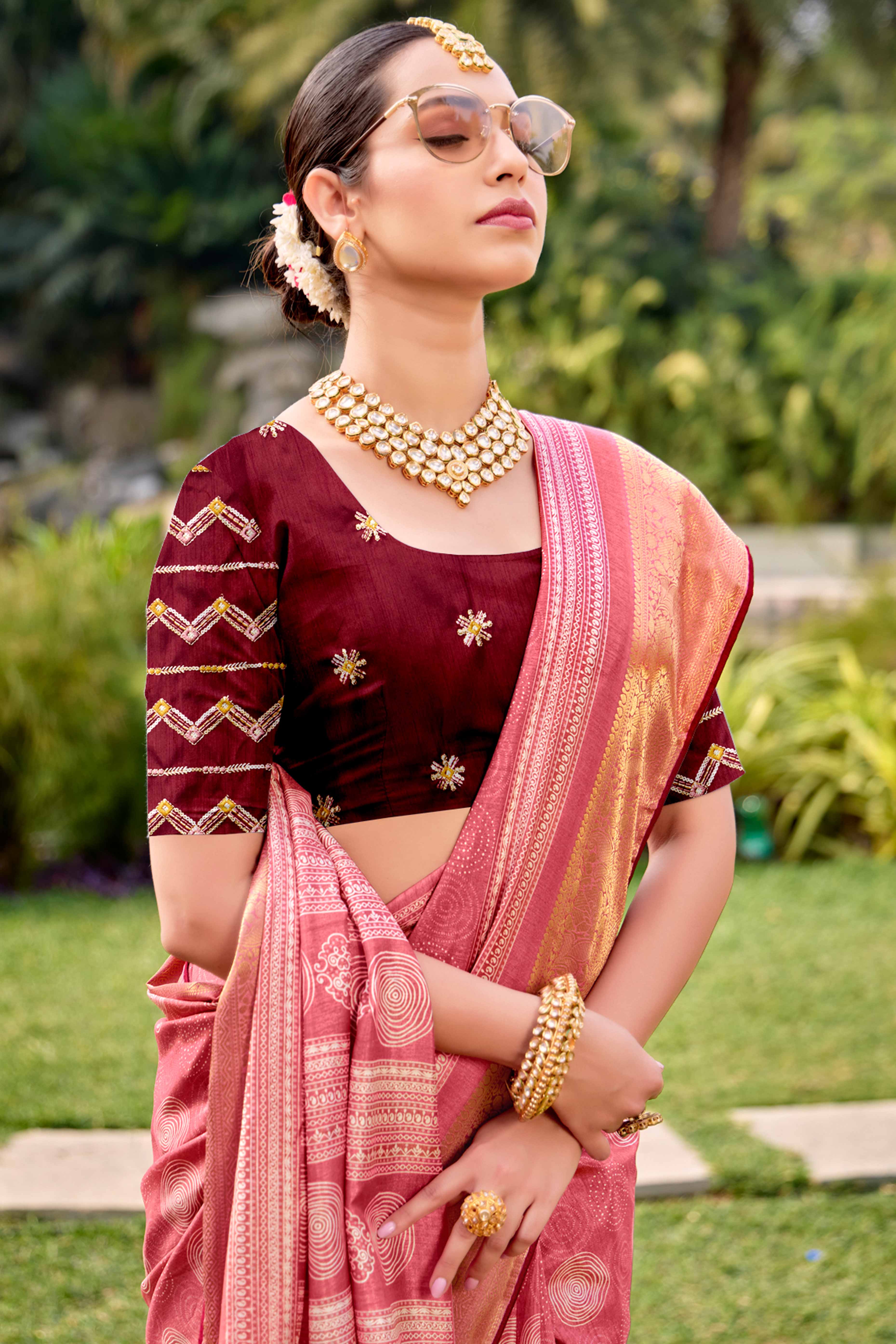 Pink Printed Dola Silk Saree With Ornate Zari Border & Tassel Pallu