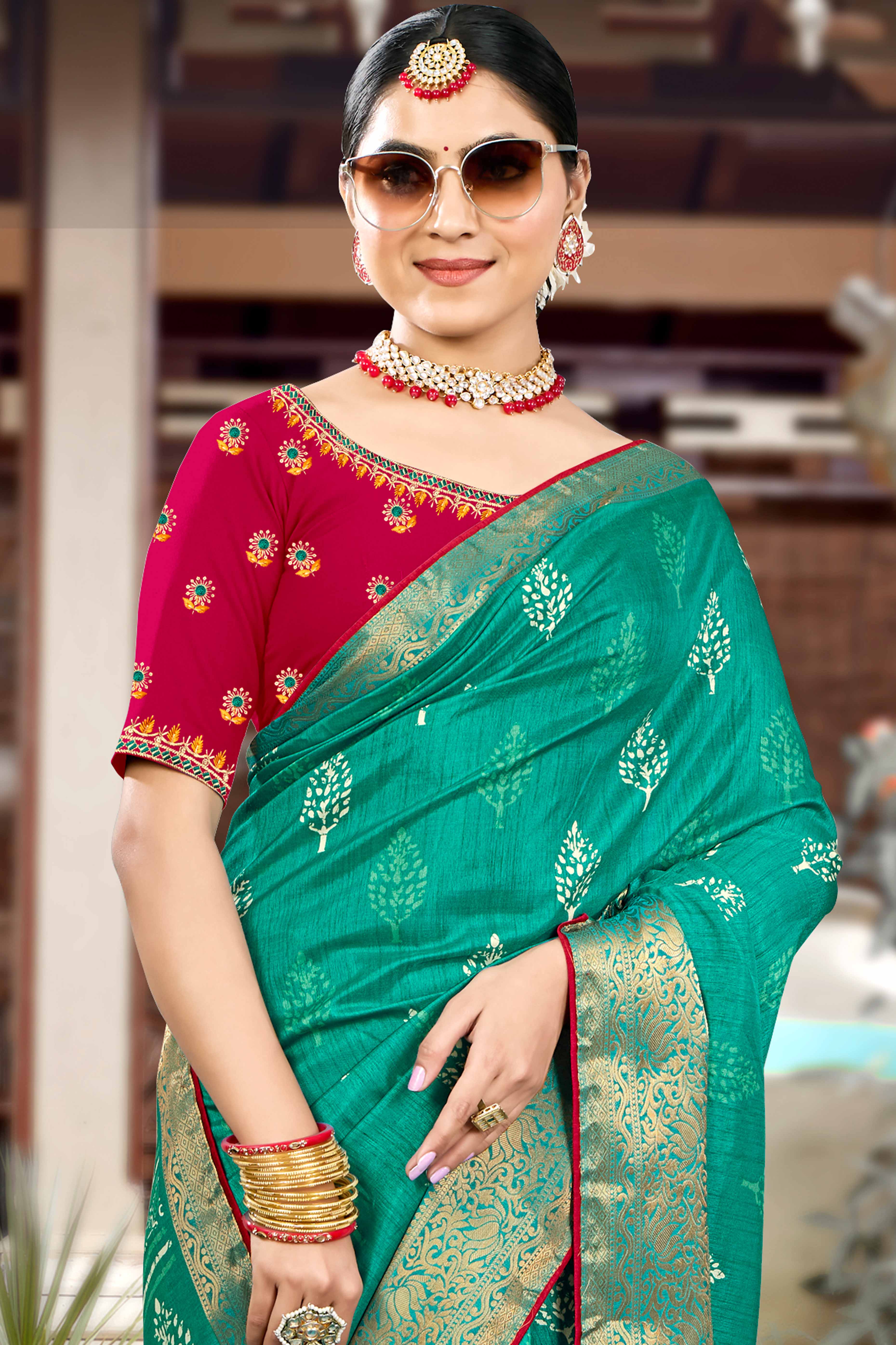 Rama Green Dola Silk Saree Featuring Artistic Print Work & Graceful Tassel Edging