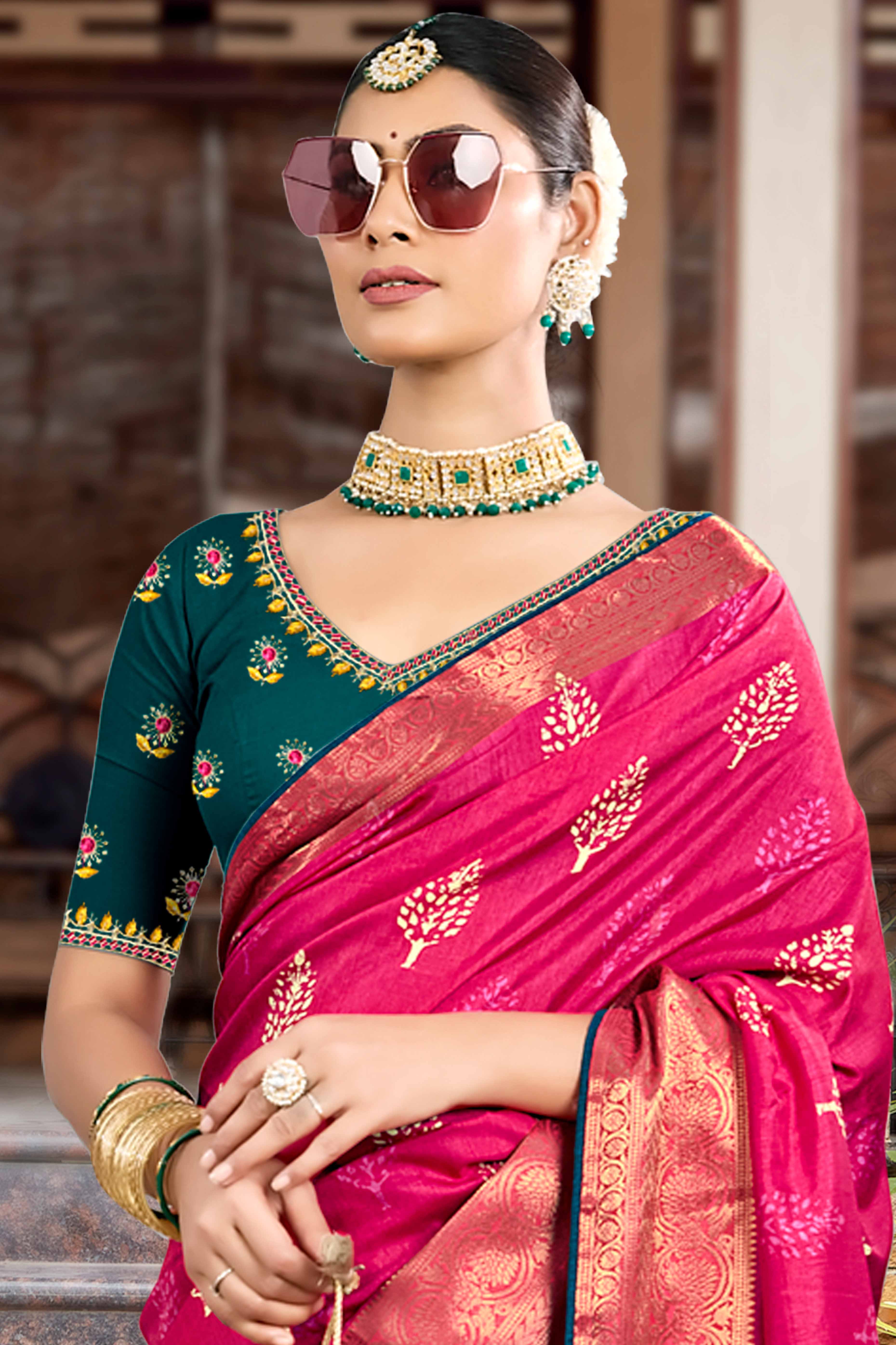 Rani Pink Dola Silk Saree Featuring Artistic Print Work & Graceful Tassel Edging