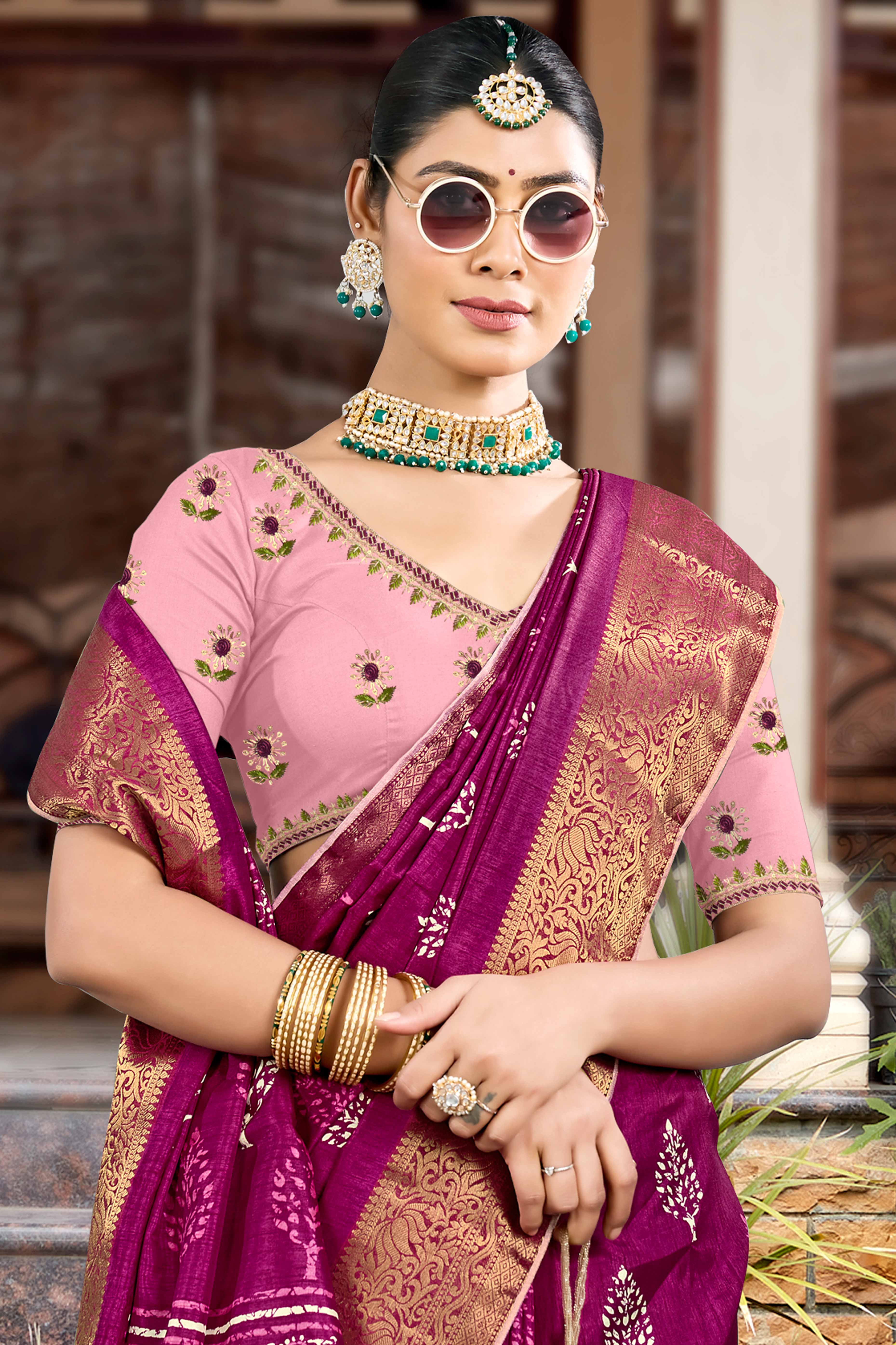 Dark Magenta Dola Silk Saree Featuring Artistic Print Work & Graceful Tassel Edging