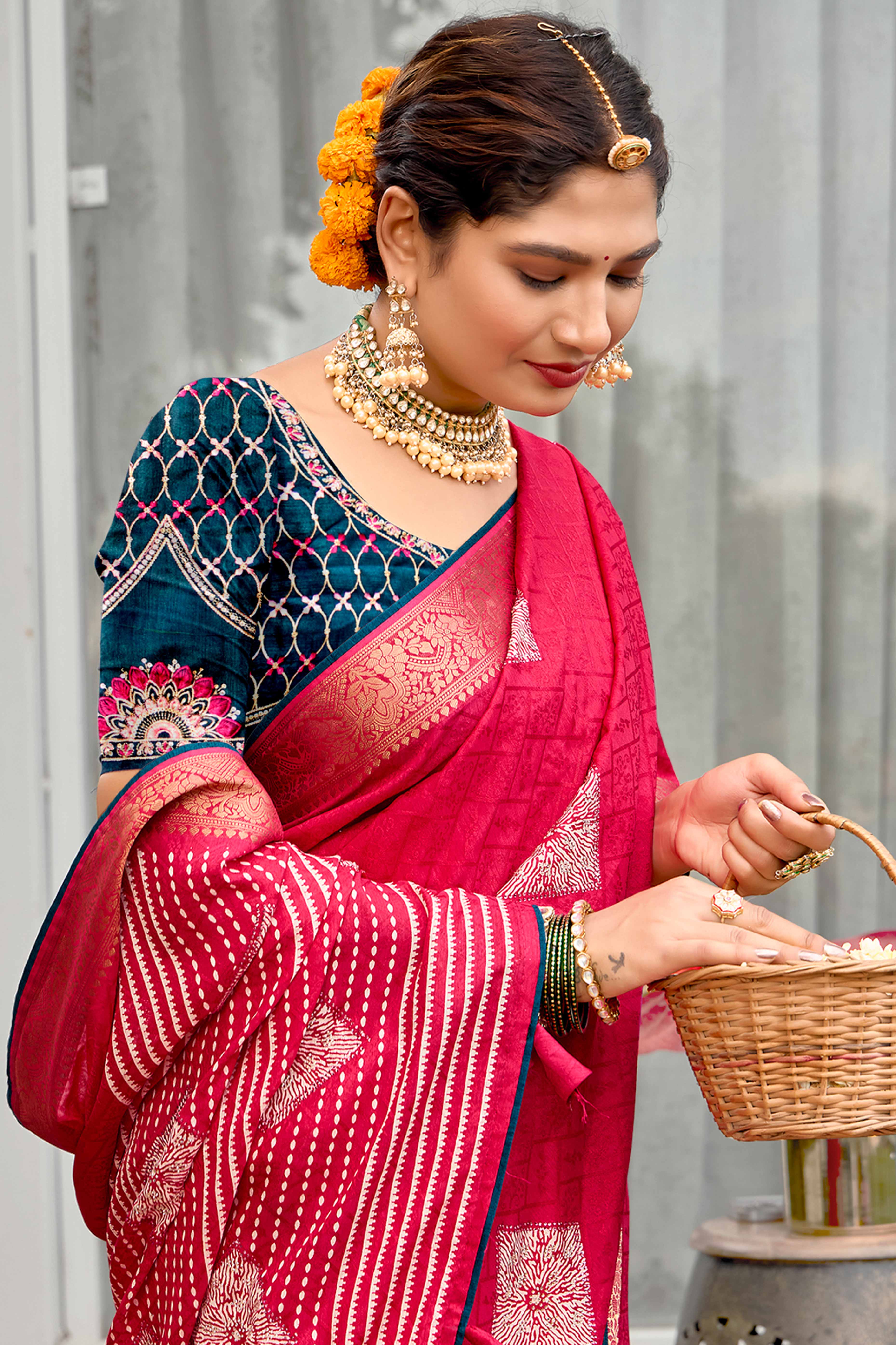 Pink Silk Blend Saree with Printed Detailing and Stone Work Accents