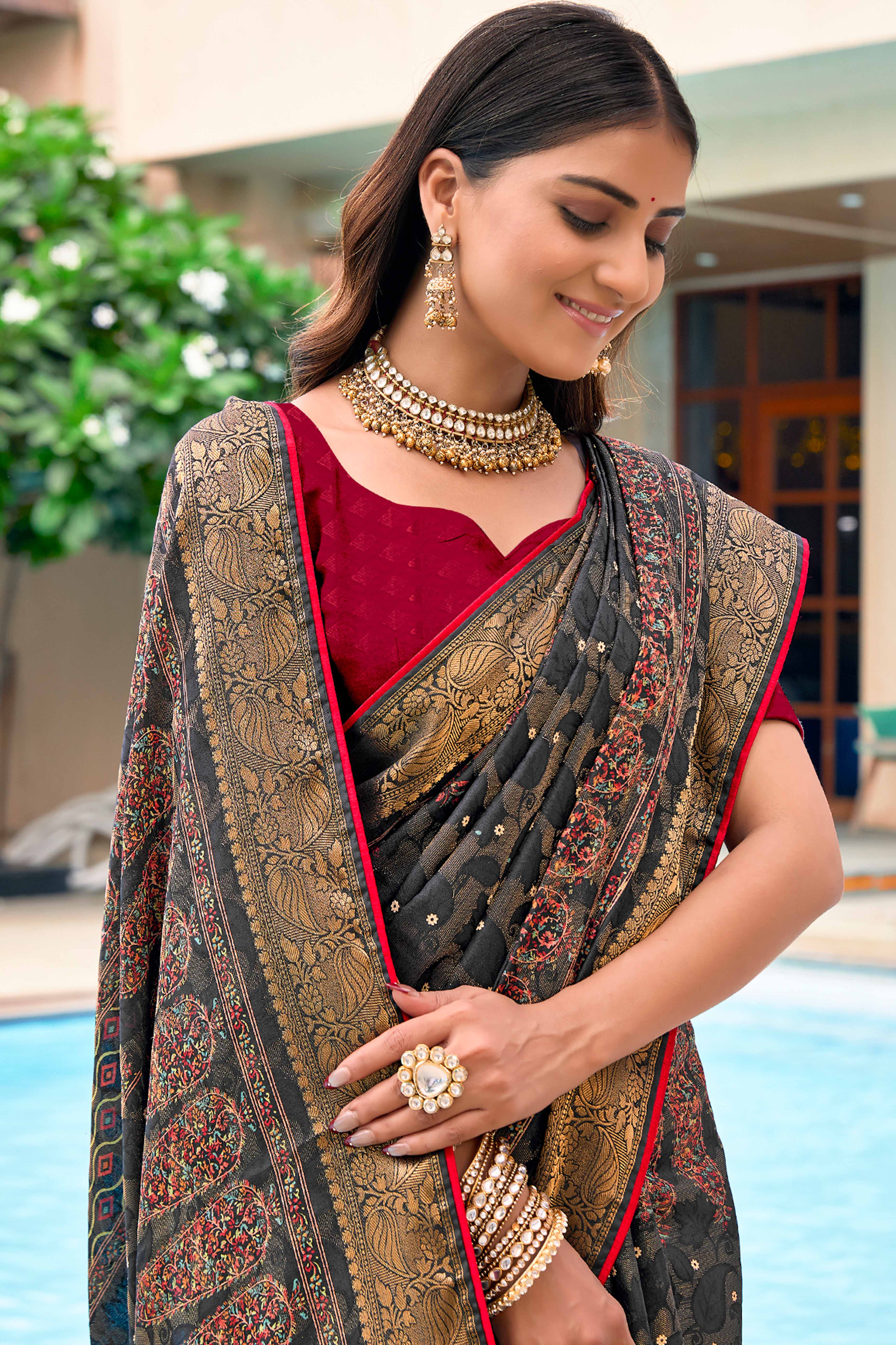 Grey Woven Moss Jacquard Crepe Saree with Printed Patterns