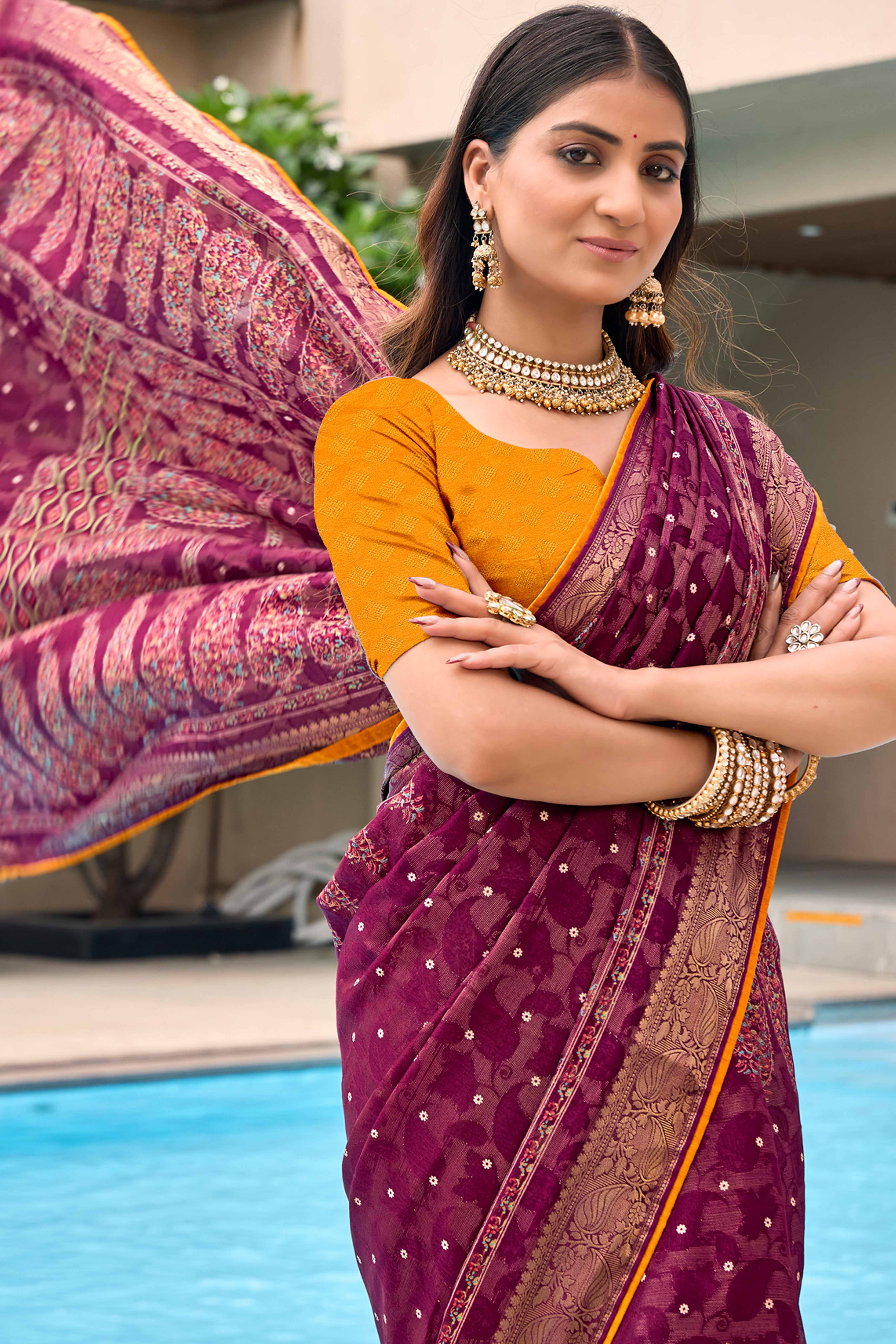 Sophisticated Wine Printed Saree in Woven Moss Jacquard Crepe Fabric