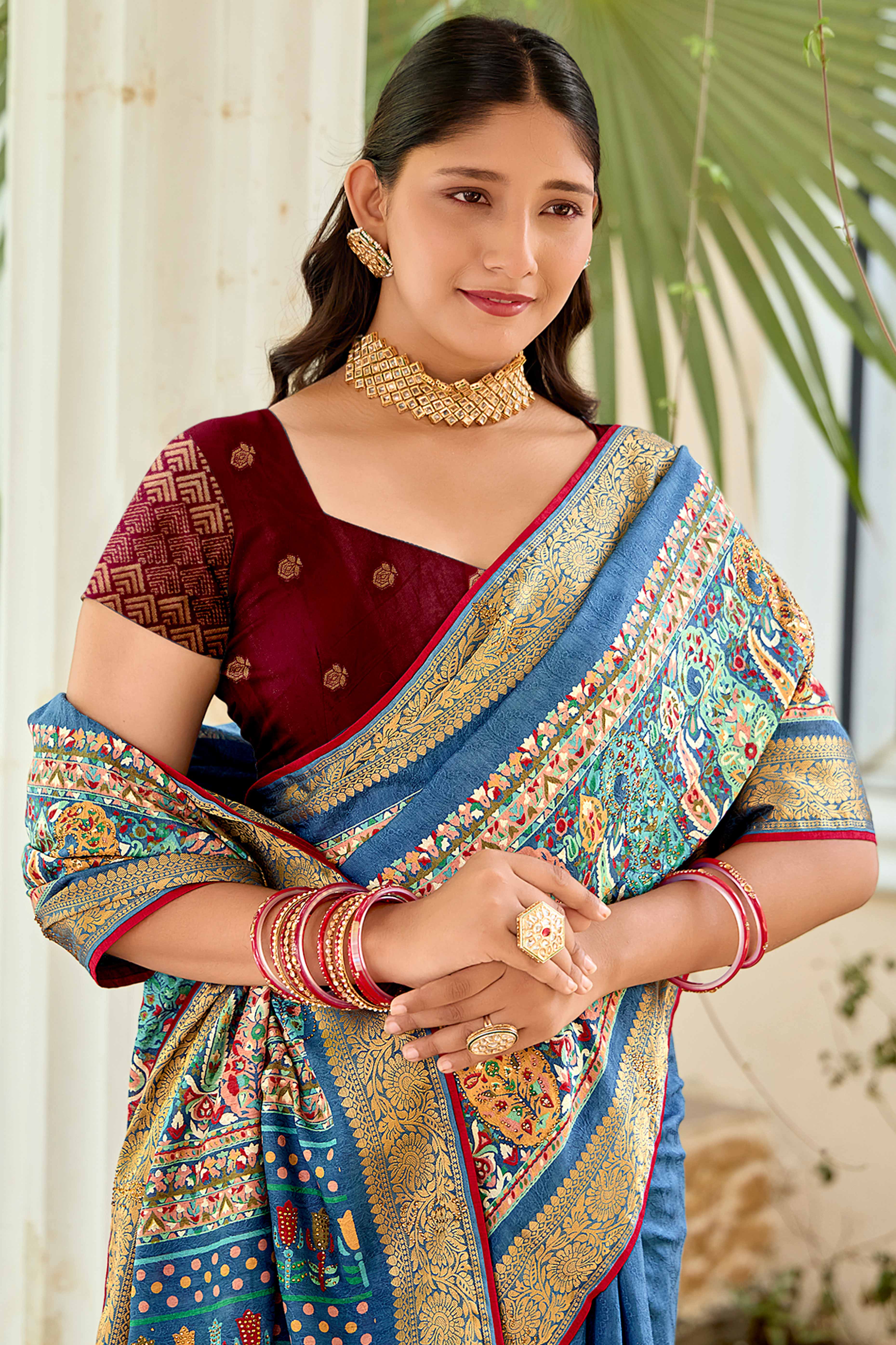 Blue Silk Blend Saree with Paisley Prints and Swarovski Embellishments