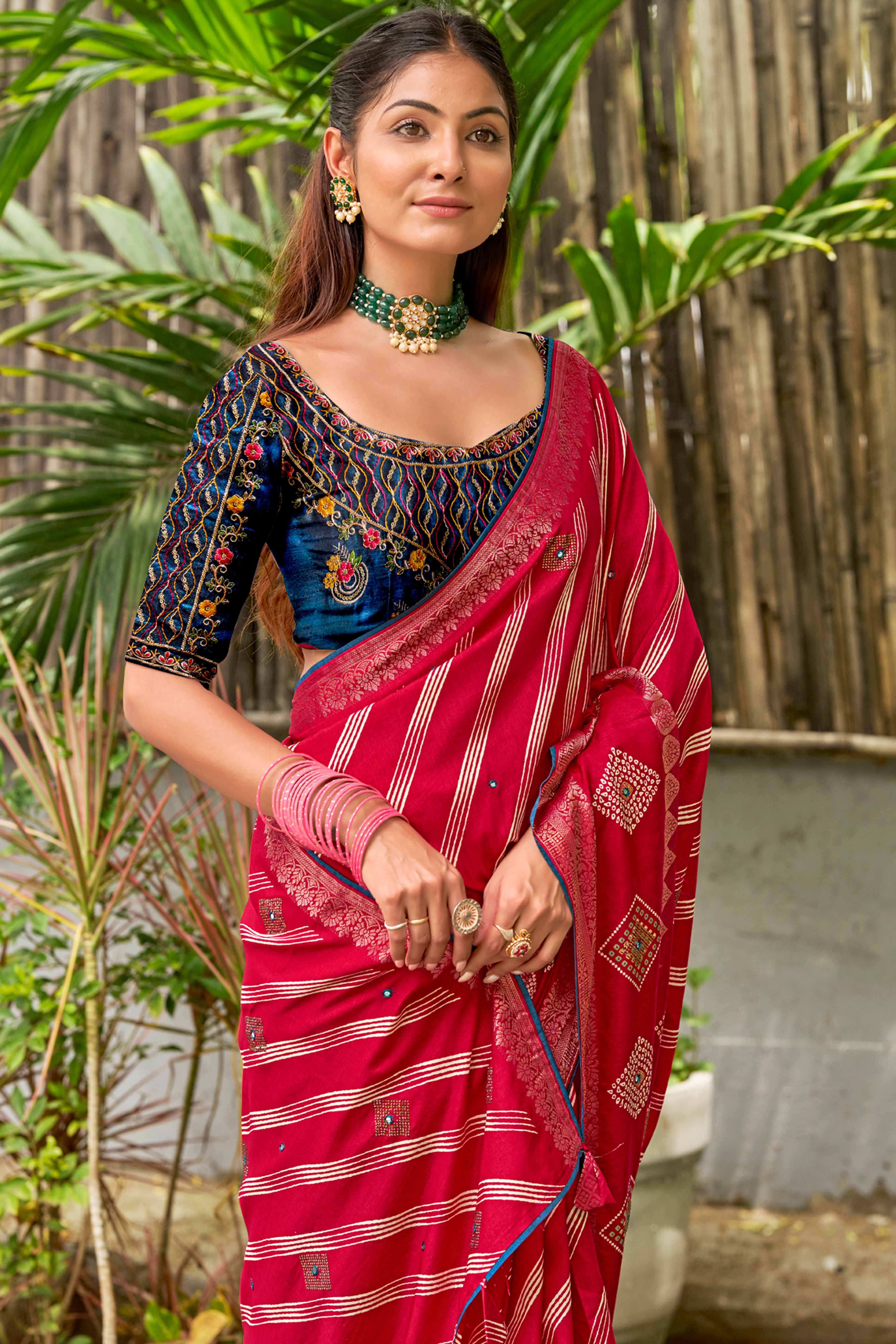 Rani Pink Geometric Pattern Dola Silk Saree with Swarovski Detailing