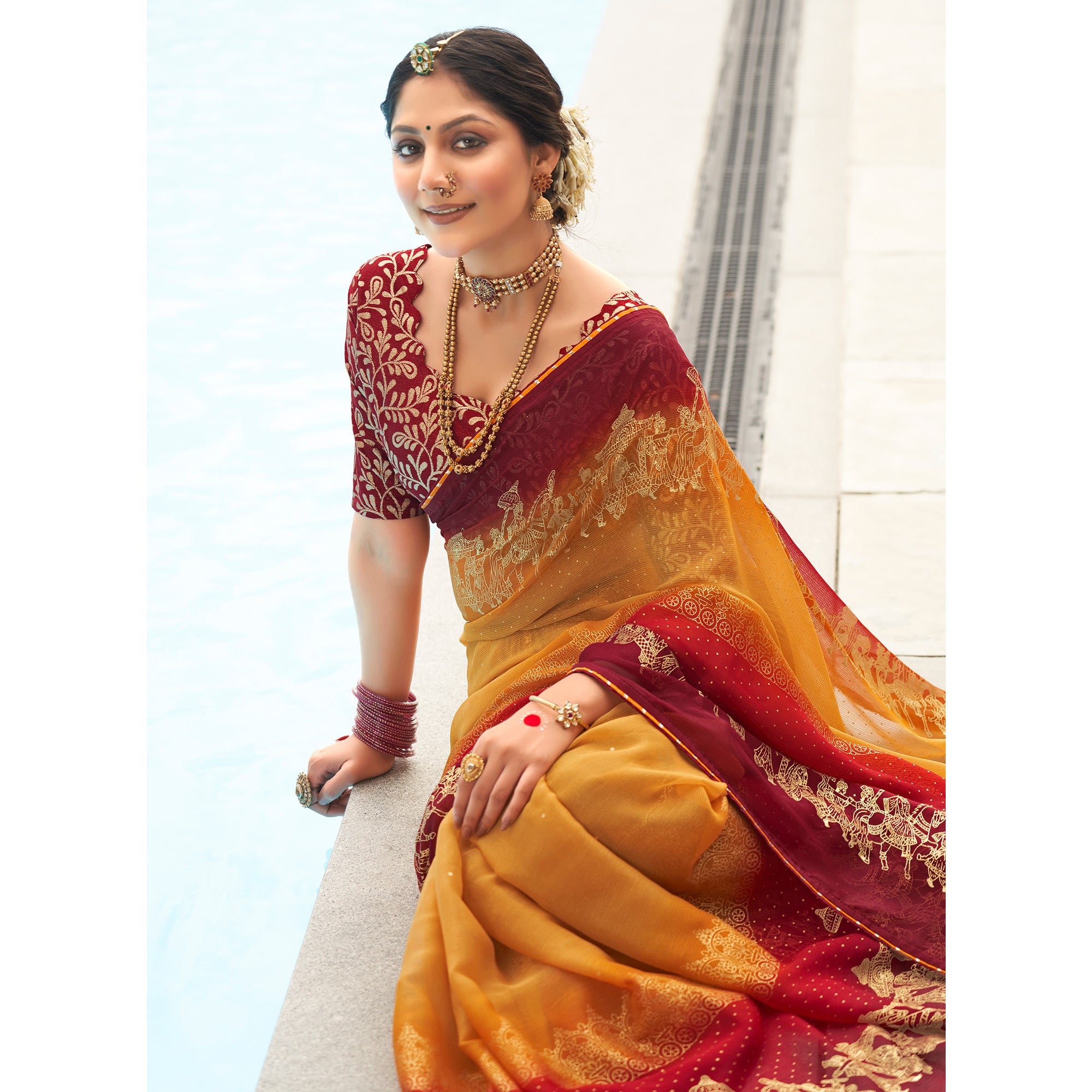 Mustard & Maroon Foil Printed Chiffon Saree