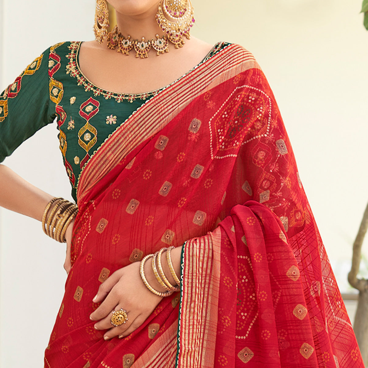 Red Bandhani Printed Chiffon Saree With Tassels