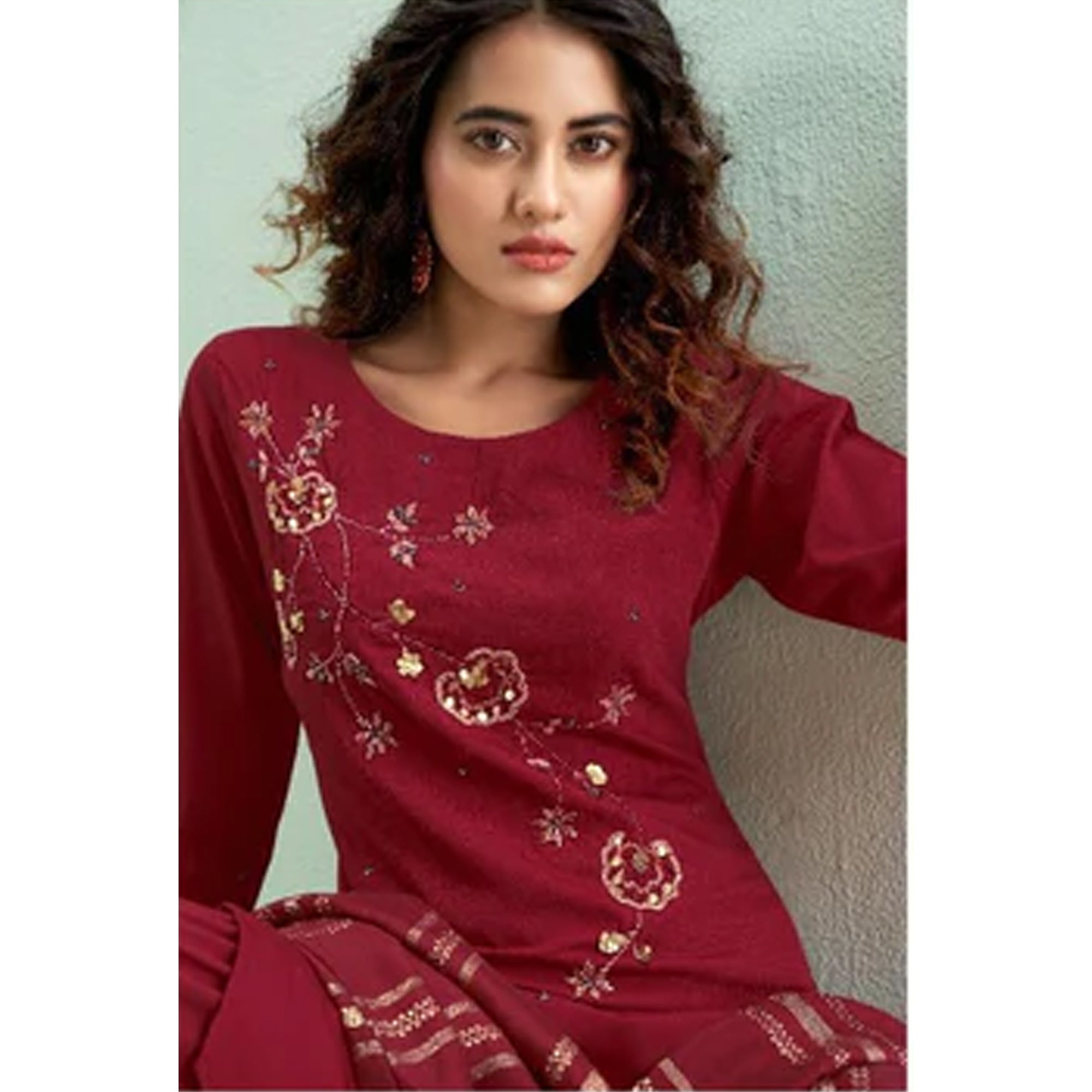 Maroon Floral Handwork Muslin Sharara Suit