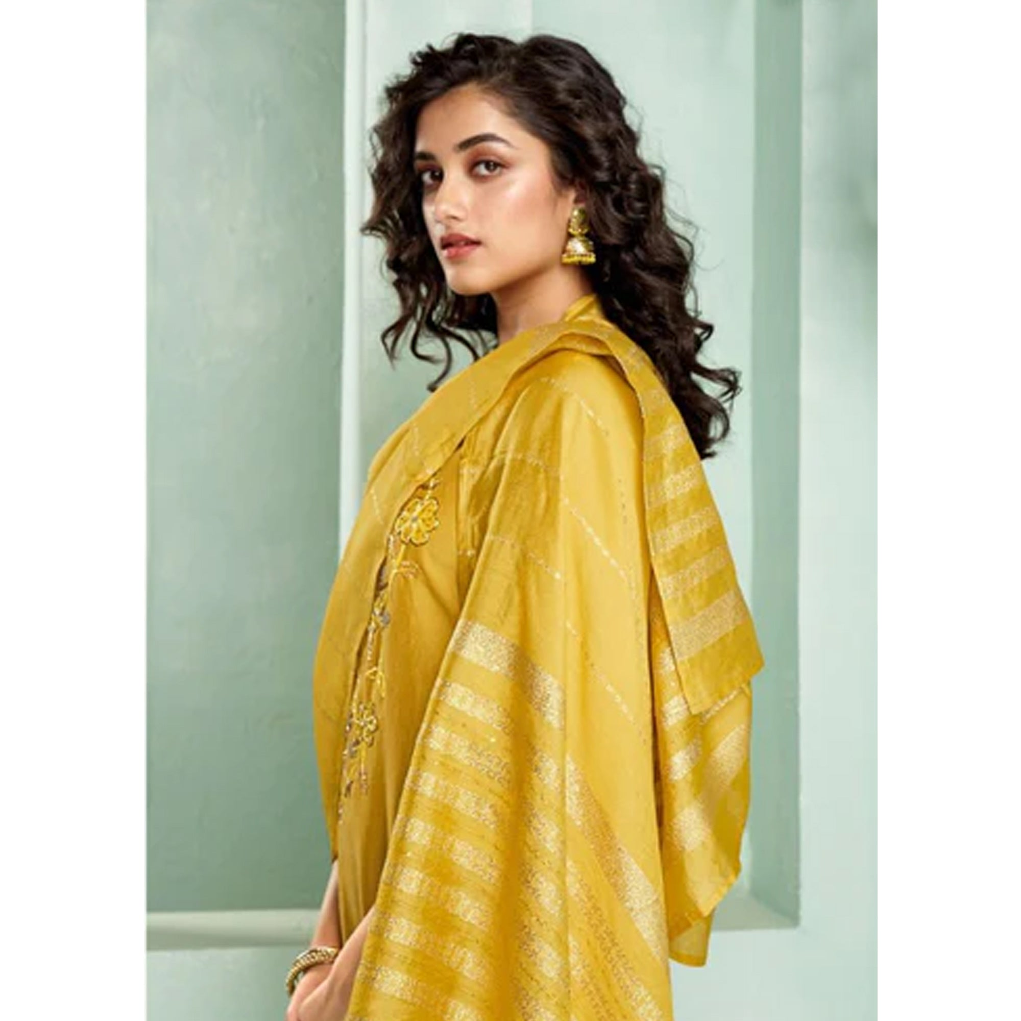 Yellow Embroidered Hand Work Muslin Sharara Suit