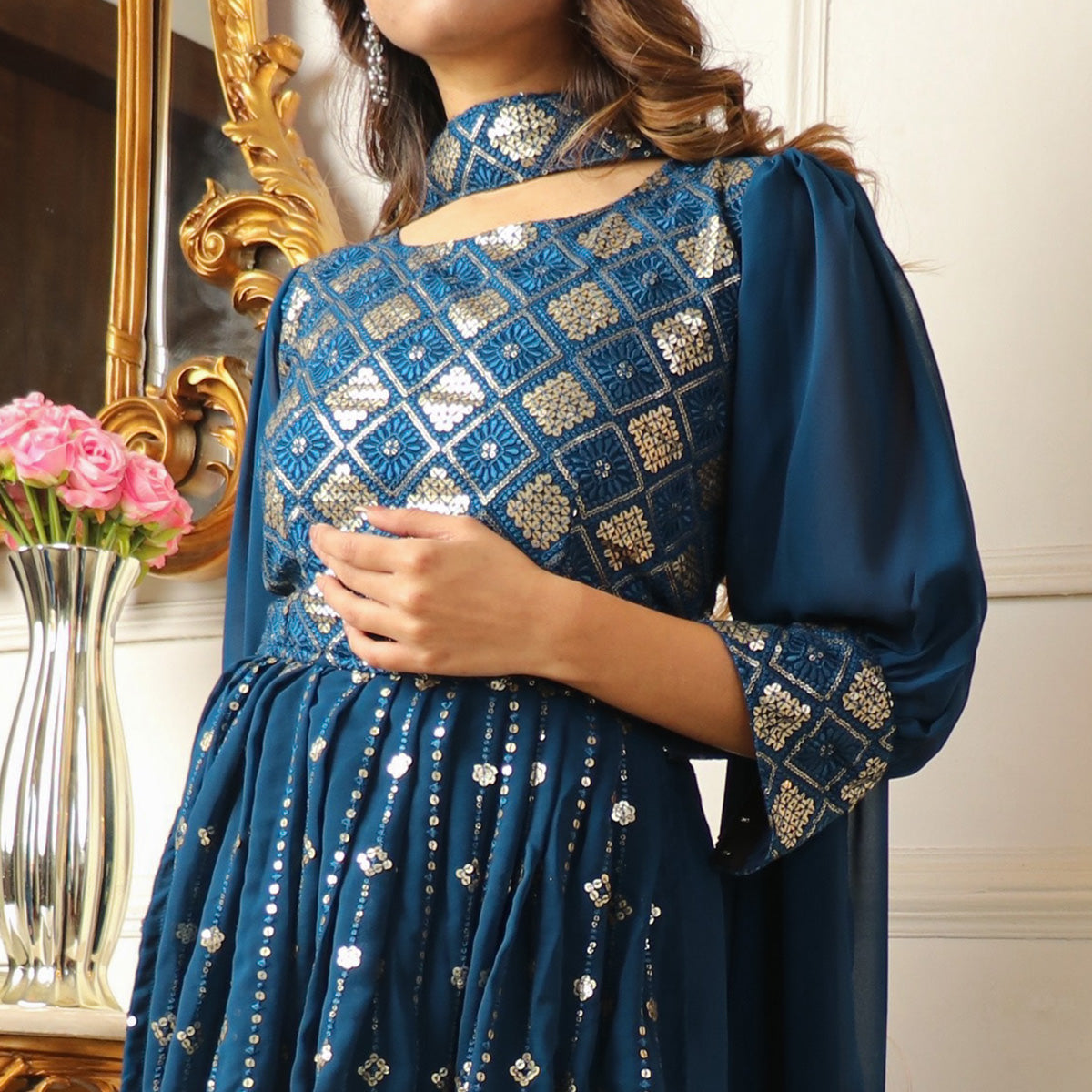 Blue Sequins Embroidered Georgette Sharara Suit