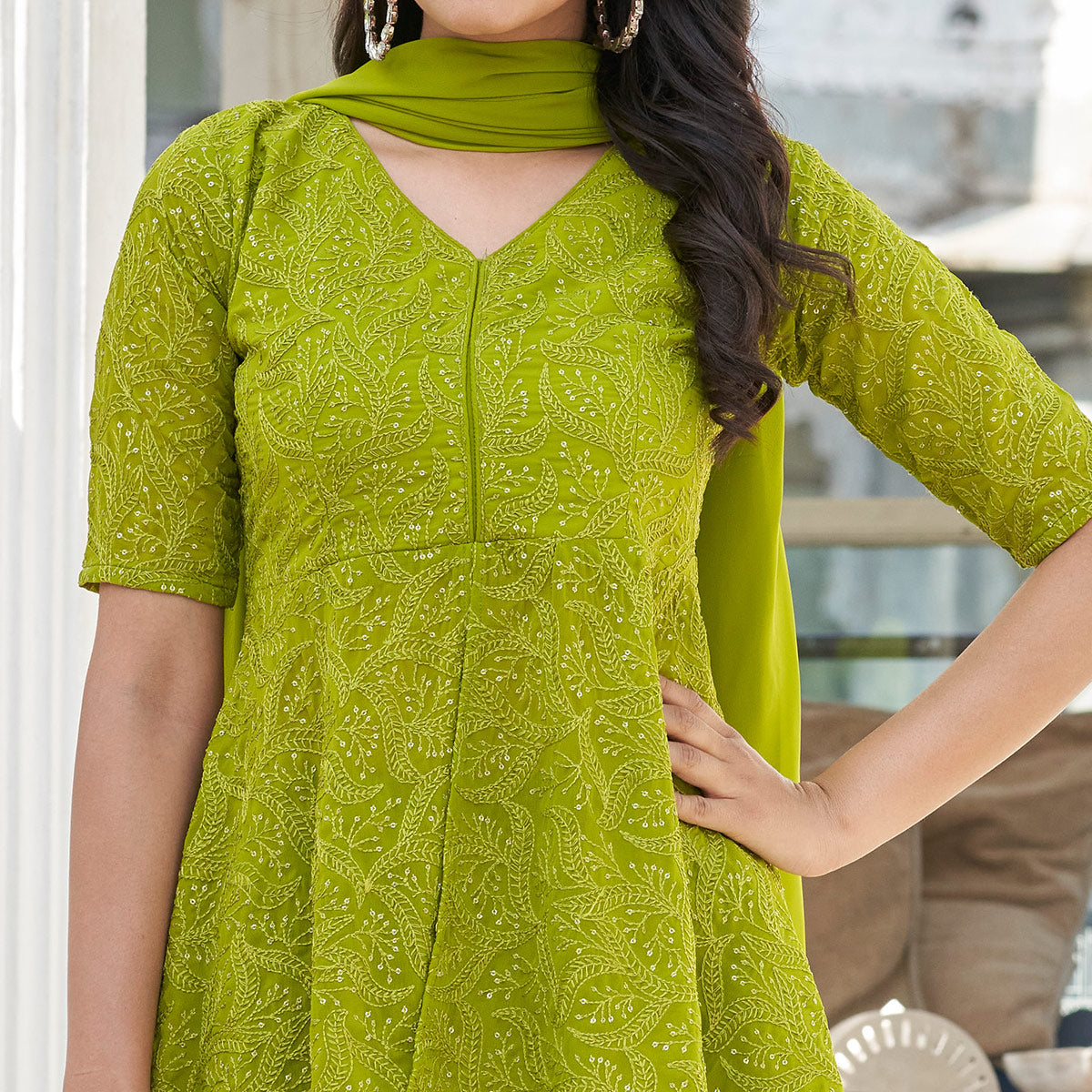 Green Sequins Embroidered Georgette Palazzo Suit