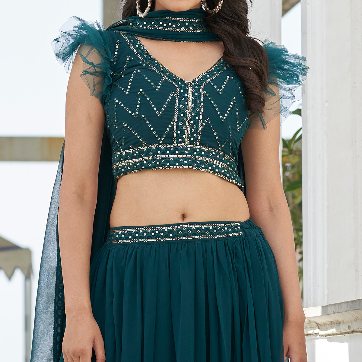 Sea Green Embroidered Georgette Lehenga Choli
