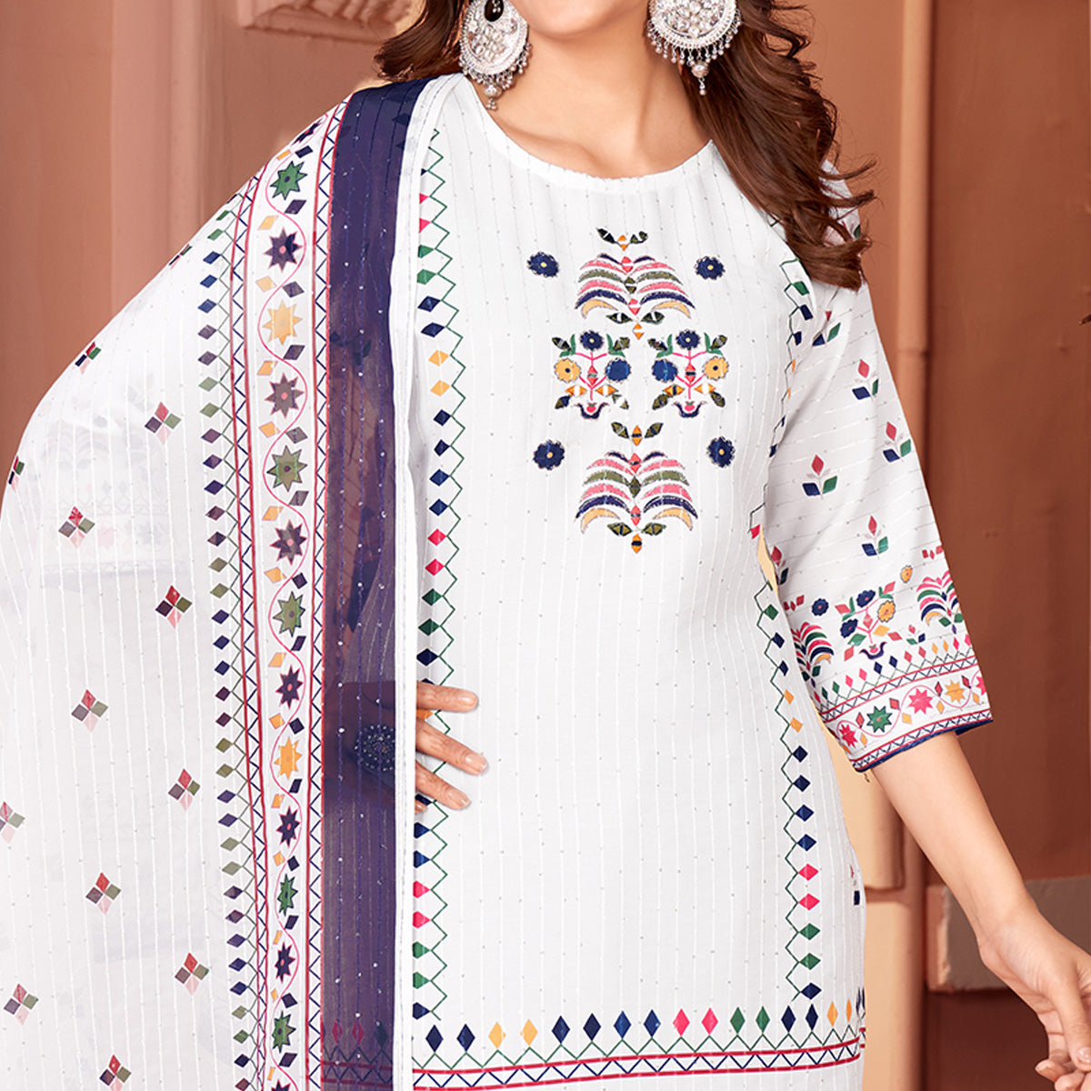 White & Blue Embroidered With Printed Rayon Salwar Suit