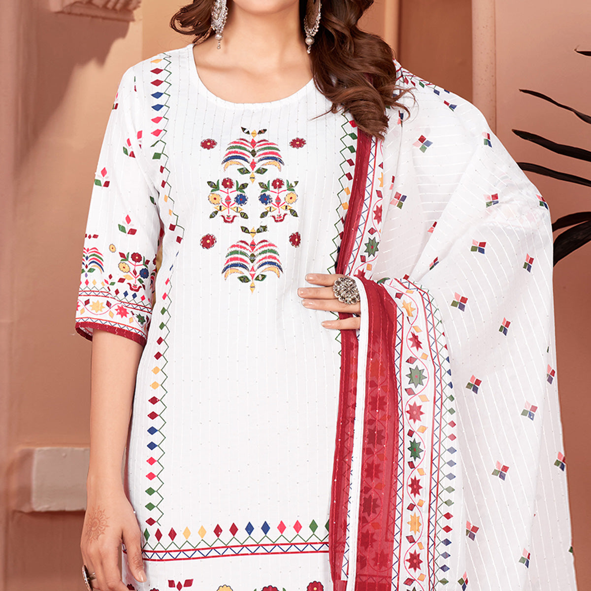 White & Maroon Embroidered With Printed Rayon Salwar Suit