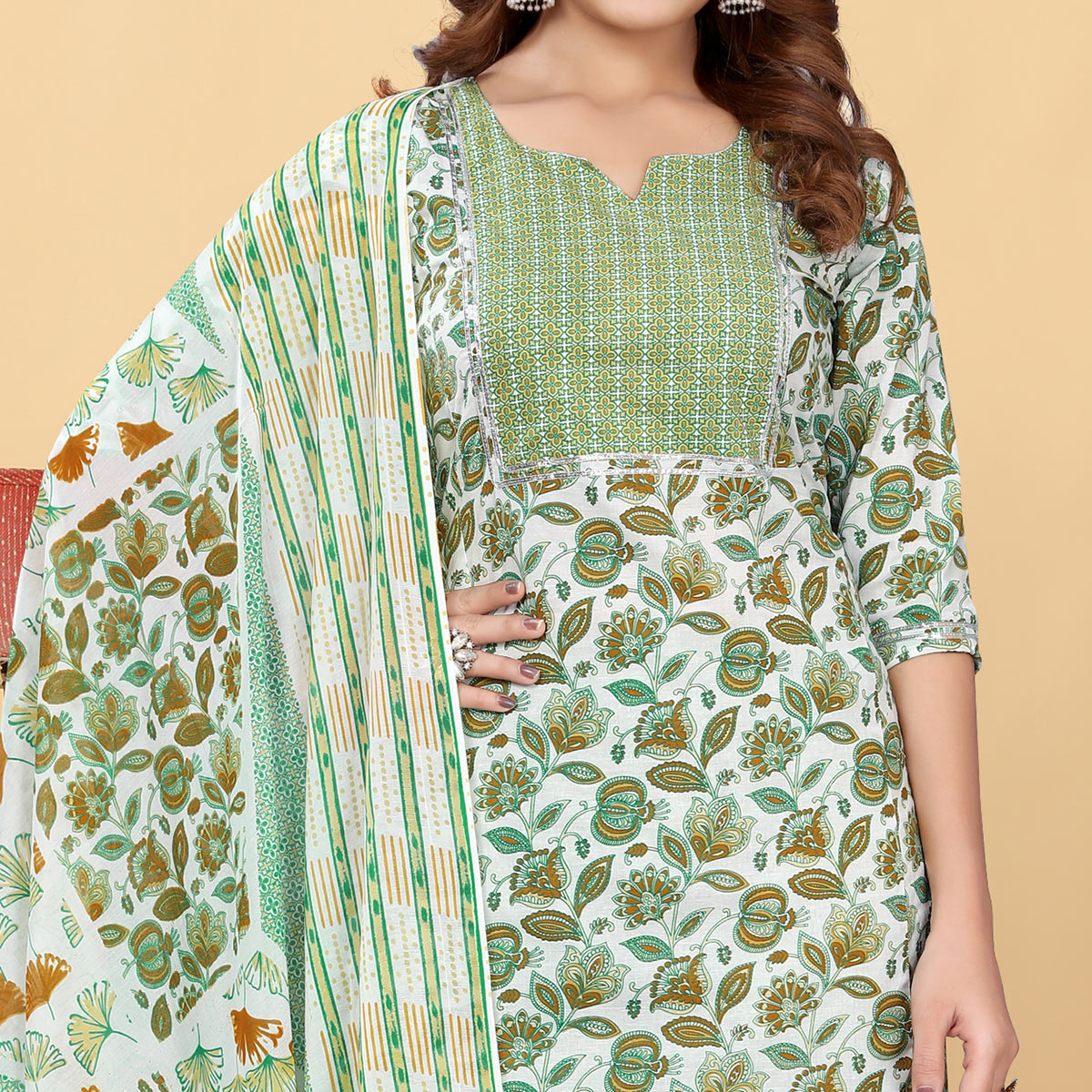 Light Green Floral Printed Cotton Blend Salwar Suit