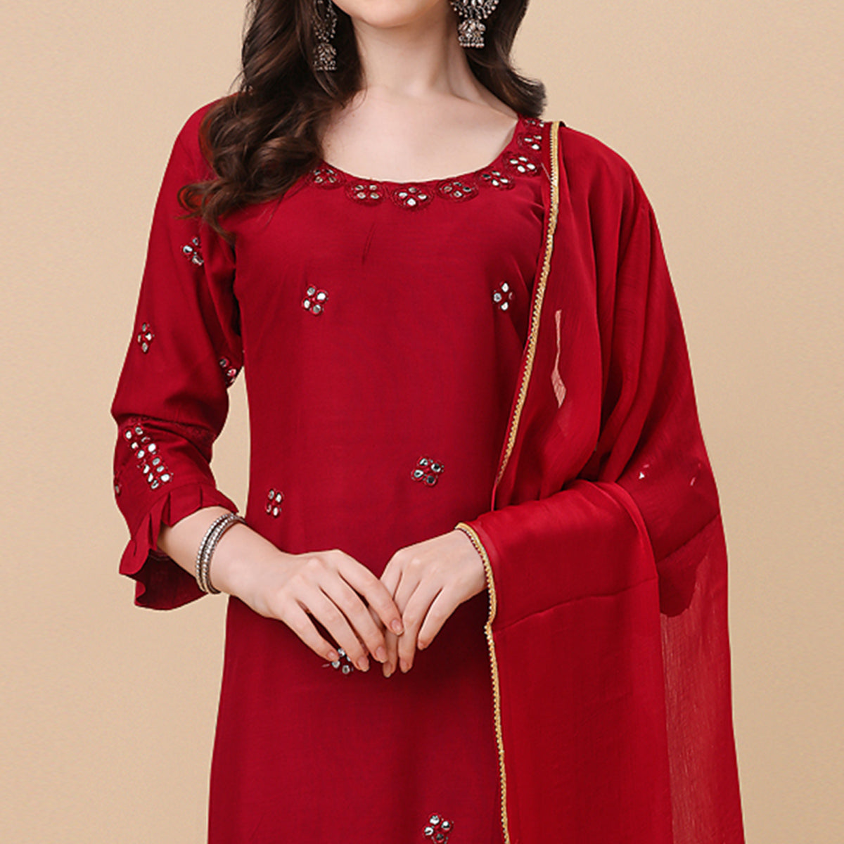 Red Embroidered Rayon Salwar Suit