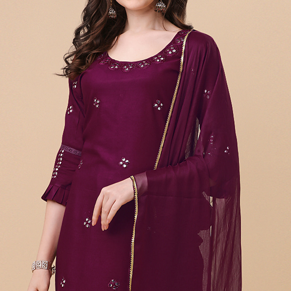 Wine Embroidered Rayon Salwar Suit