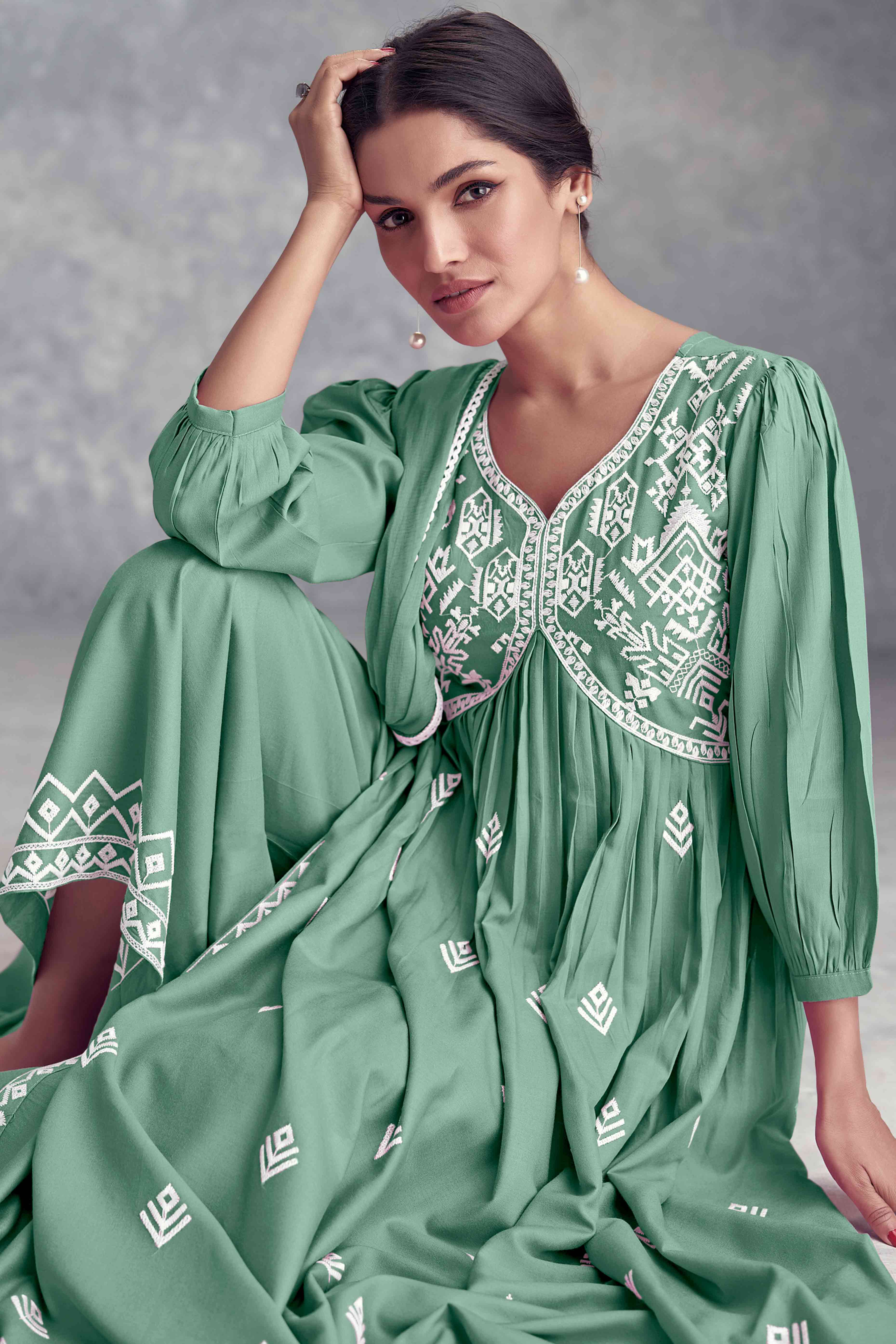 Sea Green Floral Embroidered Rayon Salwar Suit