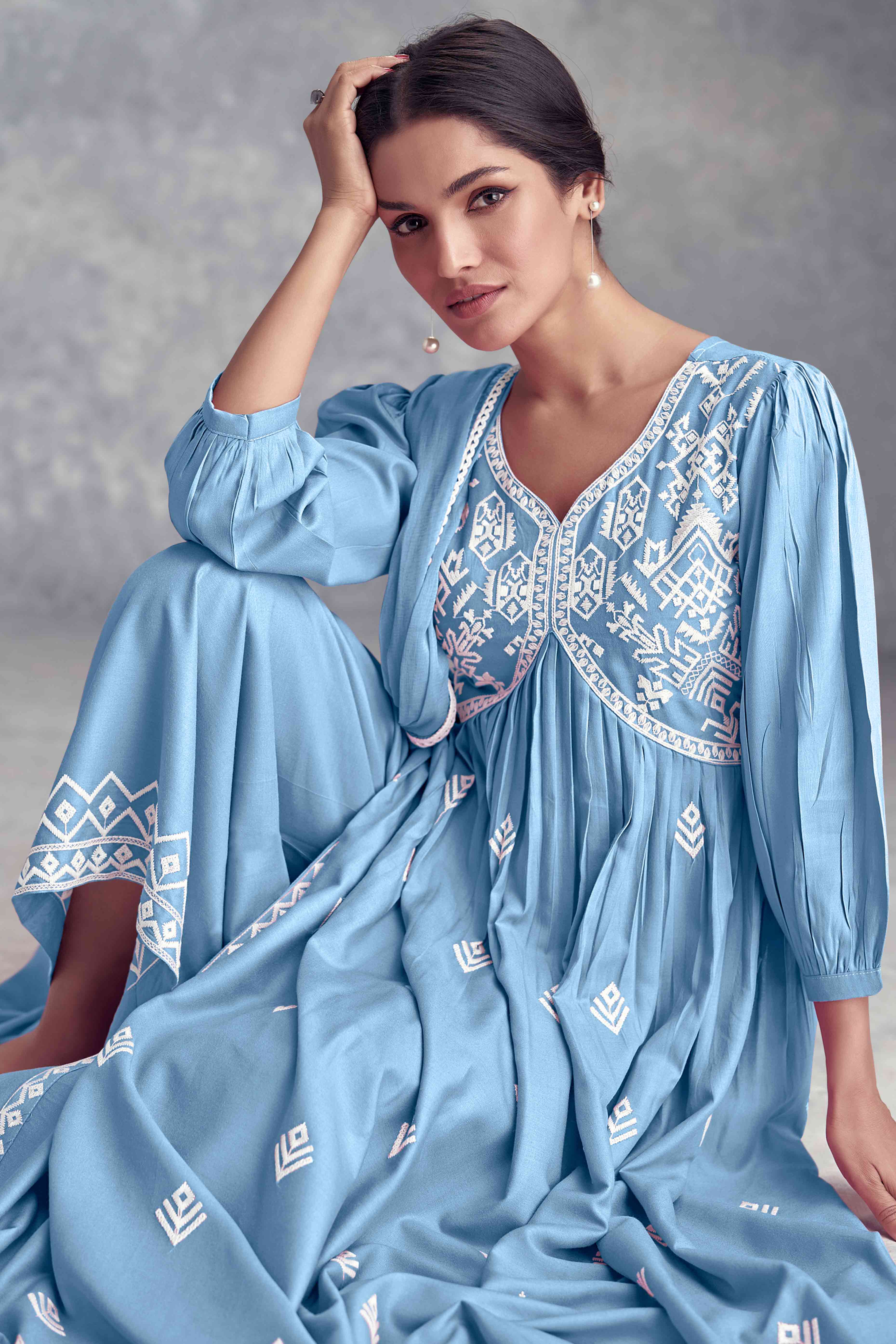 Blue Floral Embroidered Rayon Salwar Suit