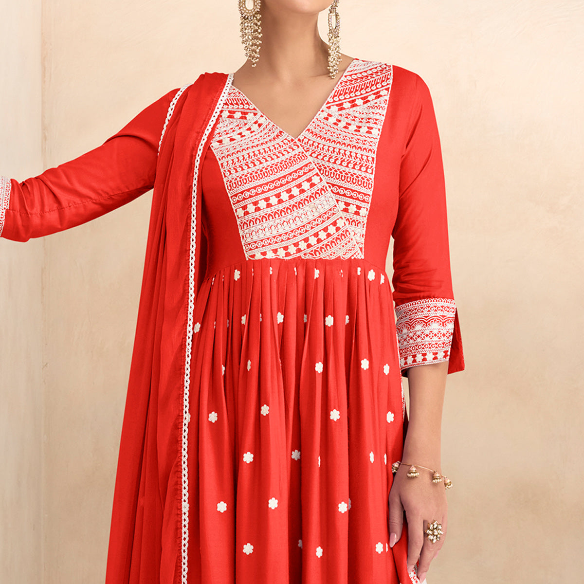 Red Lucknowi Work Rayon Naira Cut Suit